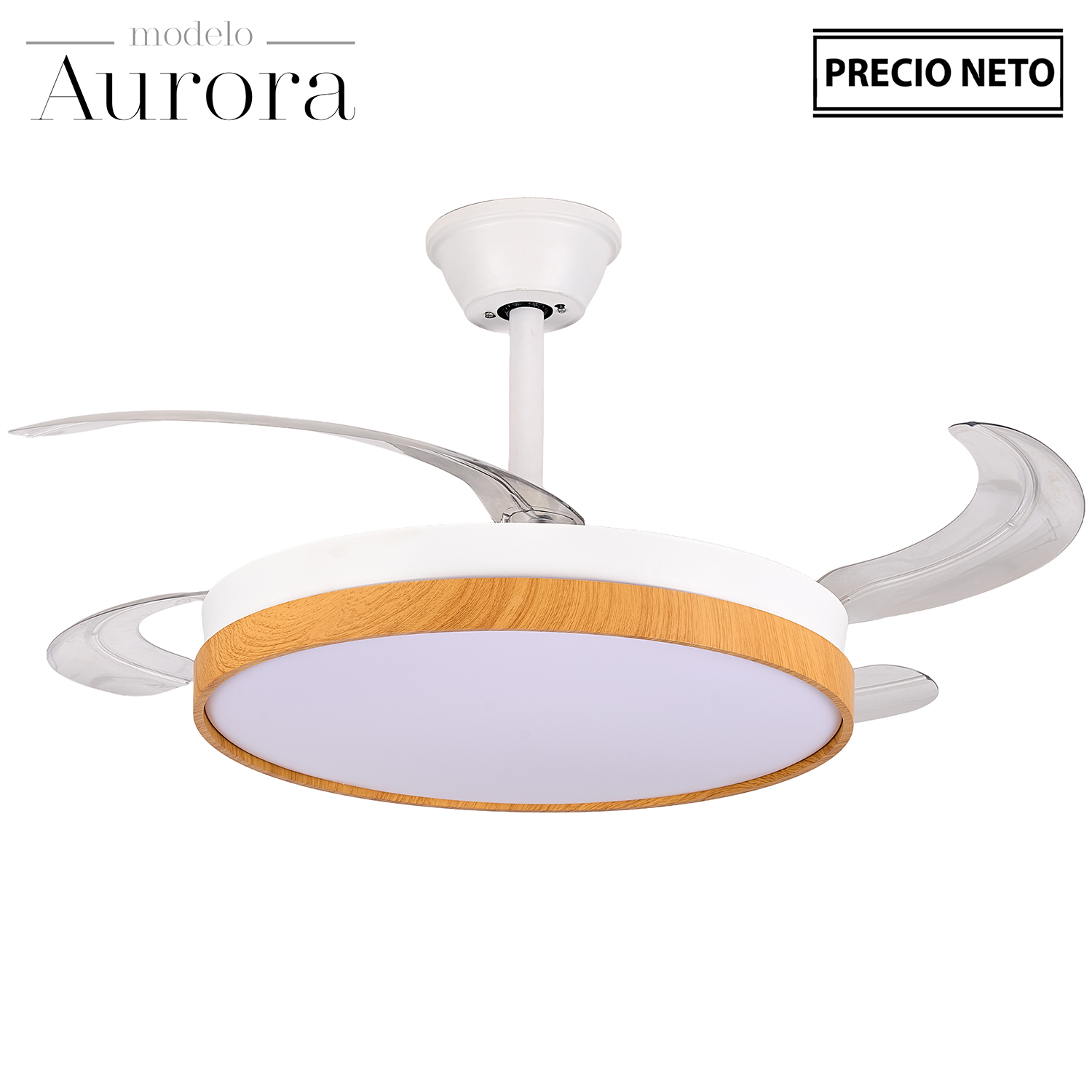 VENTILADOR TECHO C/LUZ AURORA NEGRO/MADERA 4 ASPAS RETRÁCTI