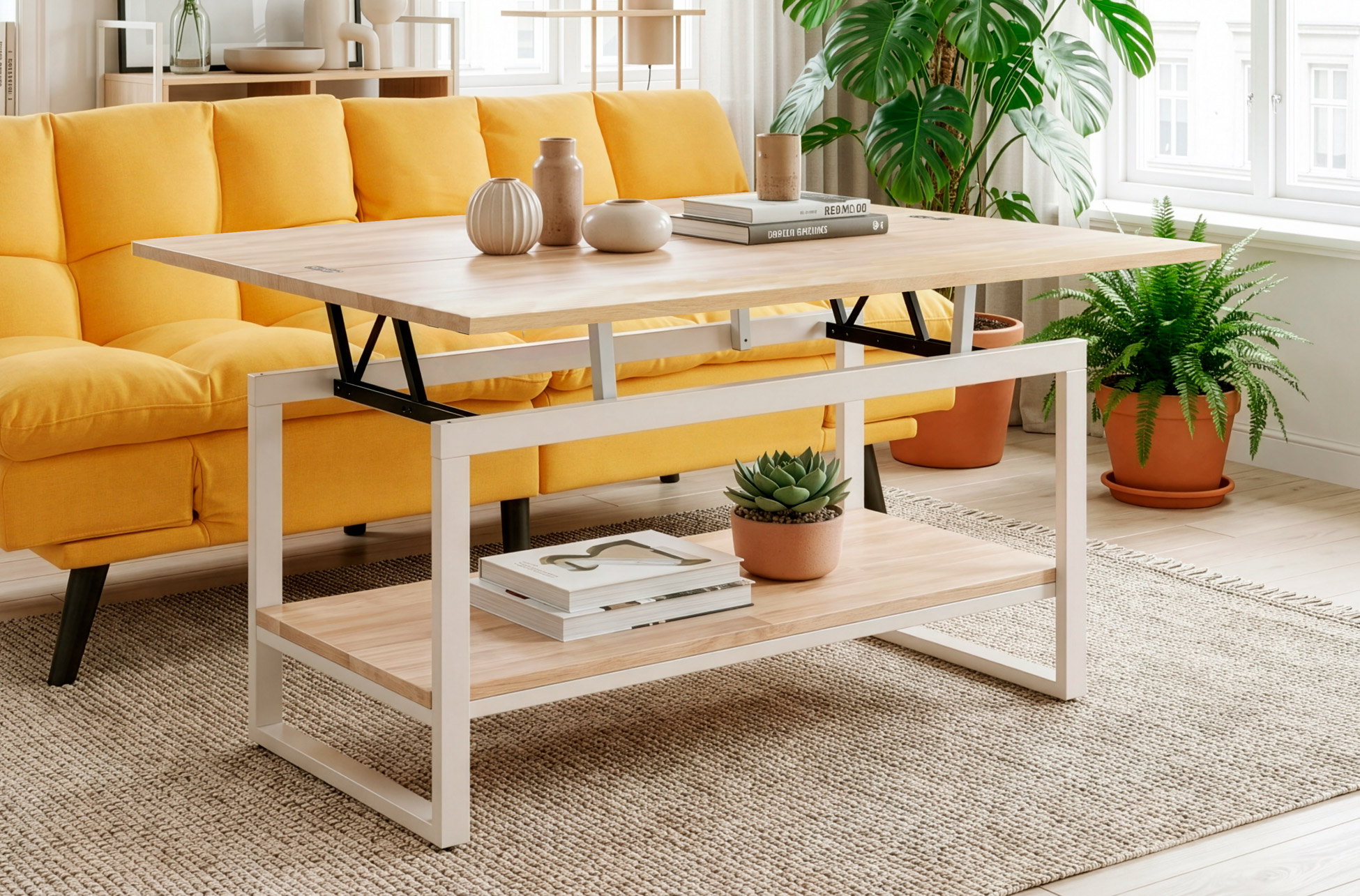 MESA CENTRO ELEVABLE Y EXTENSIBLE STEVE 100 x 45 CM ROBLE NORDISH / BLANCO.
