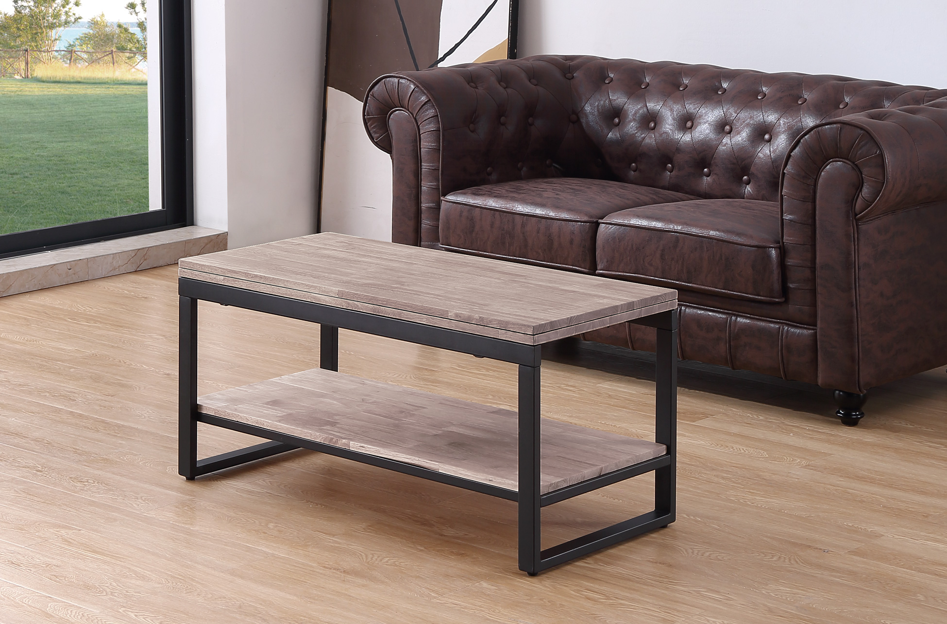 MESA CENTRO ELEVABLE Y EXTENSIBLE STEVE 100 x 45 CM ROBLE HONEY / NEGRO.