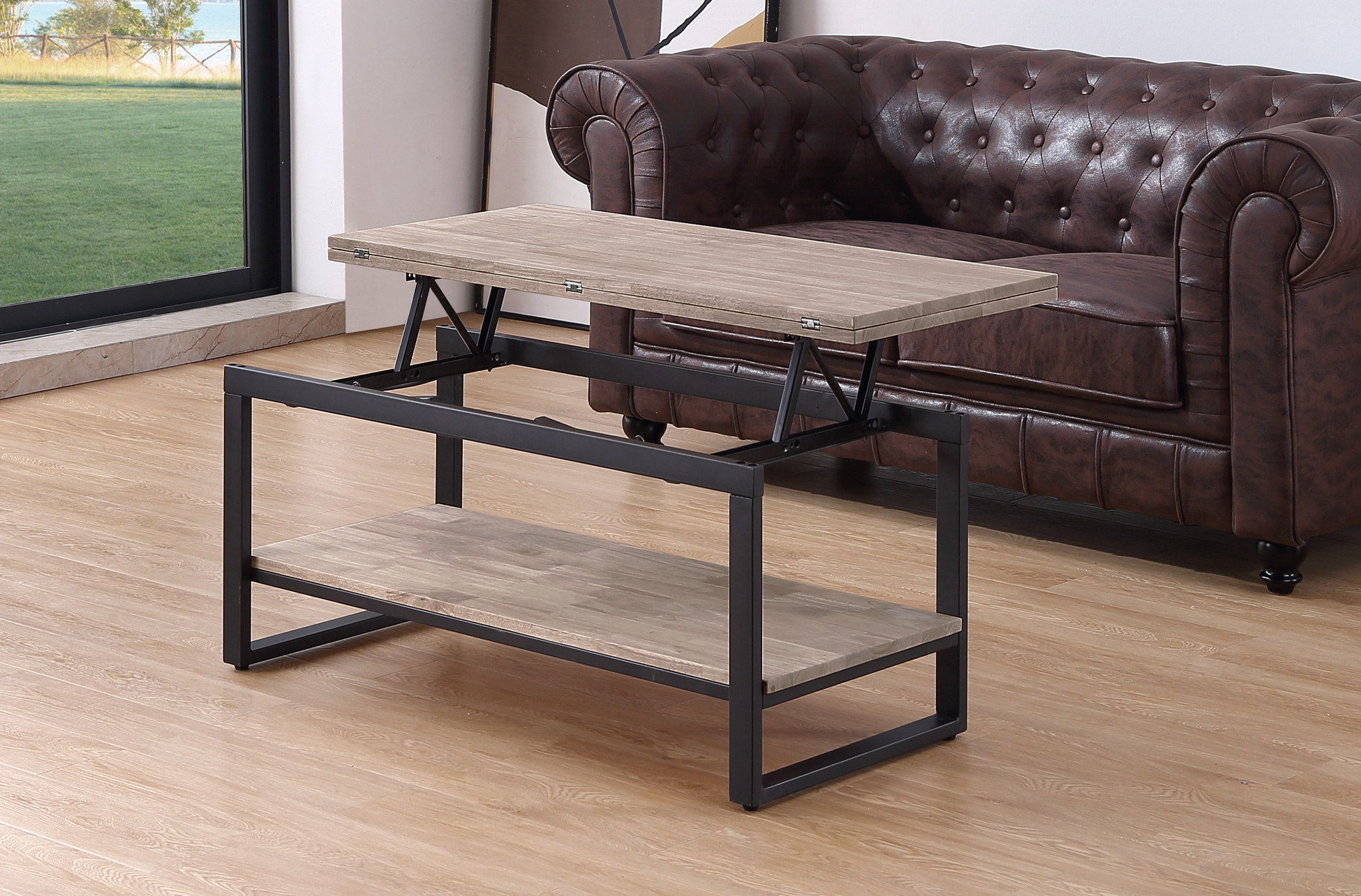 MESA CENTRO ELEVABLE Y EXTENSIBLE STEVE 100 x 45 CM ROBLE HONEY / NEGRO. - Imagen 3