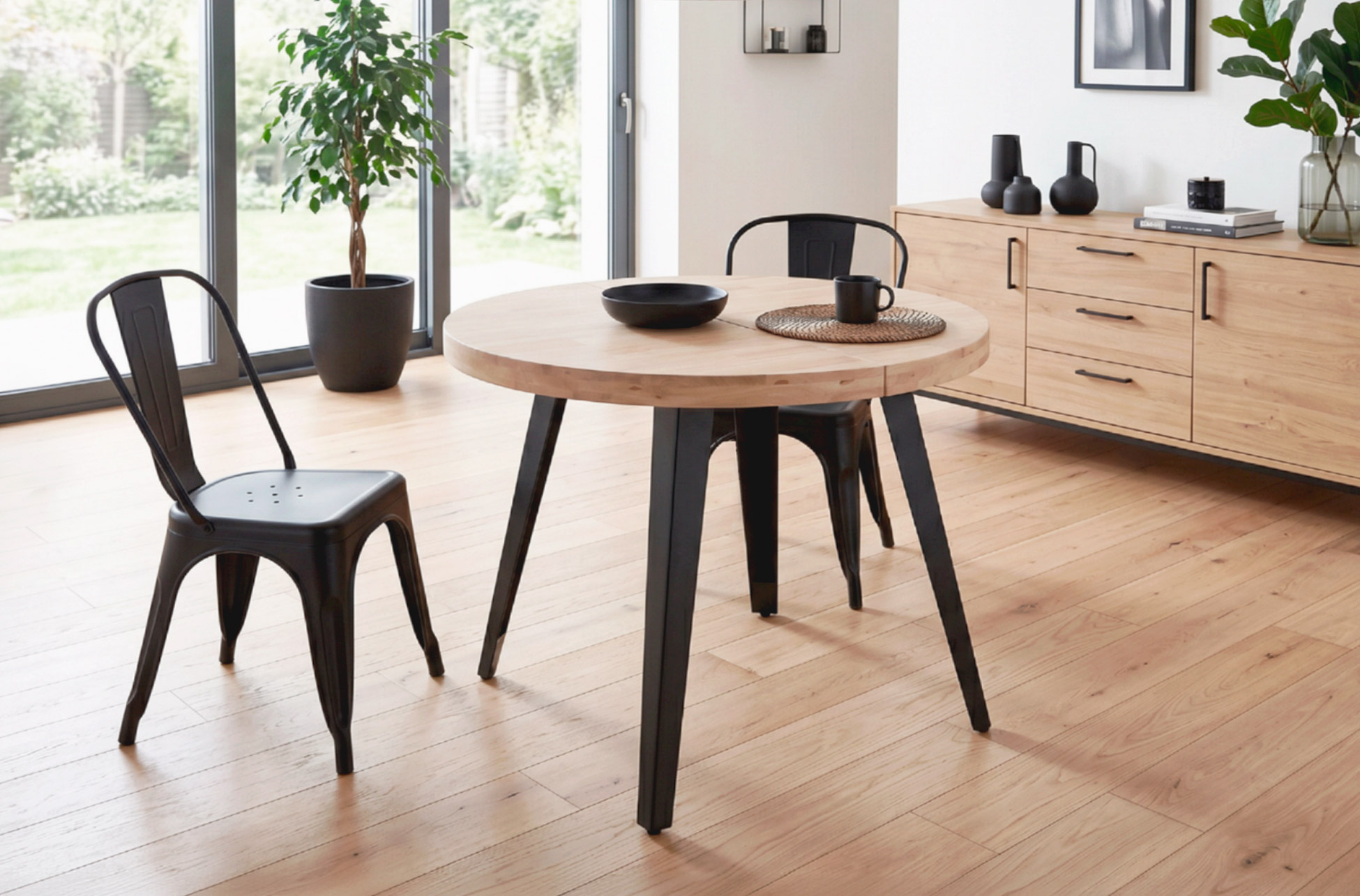 MESA COMEDOR REDONDA EXTENSIBLE BERG 80 - 120 - 160 CM ROBLE NORDISH / NEGRO.