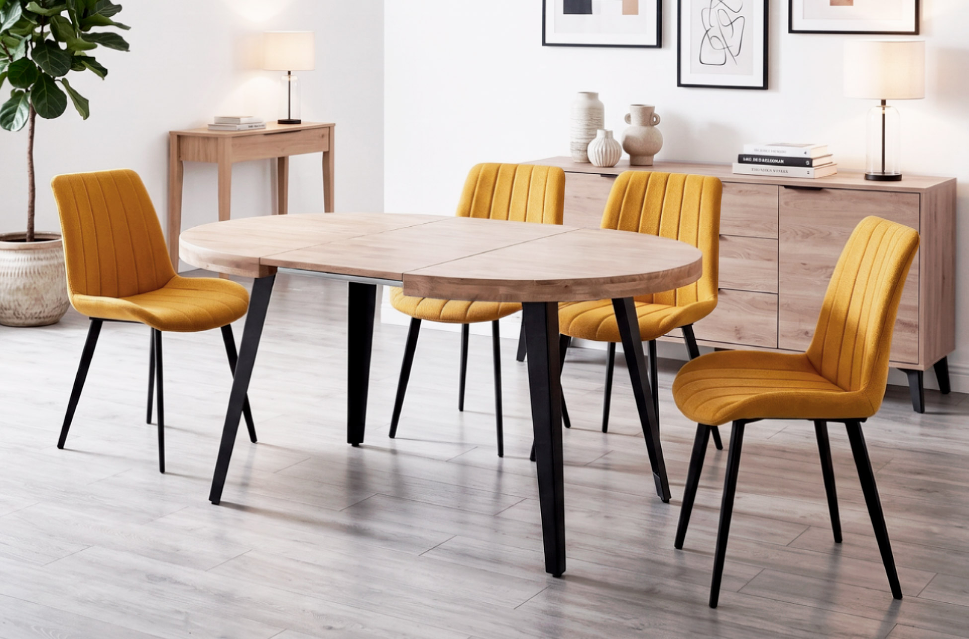MESA COMEDOR REDONDA EXTENSIBLE BERG 100 - 140 - 180 CM ROBLE HONEY / NEGRO.