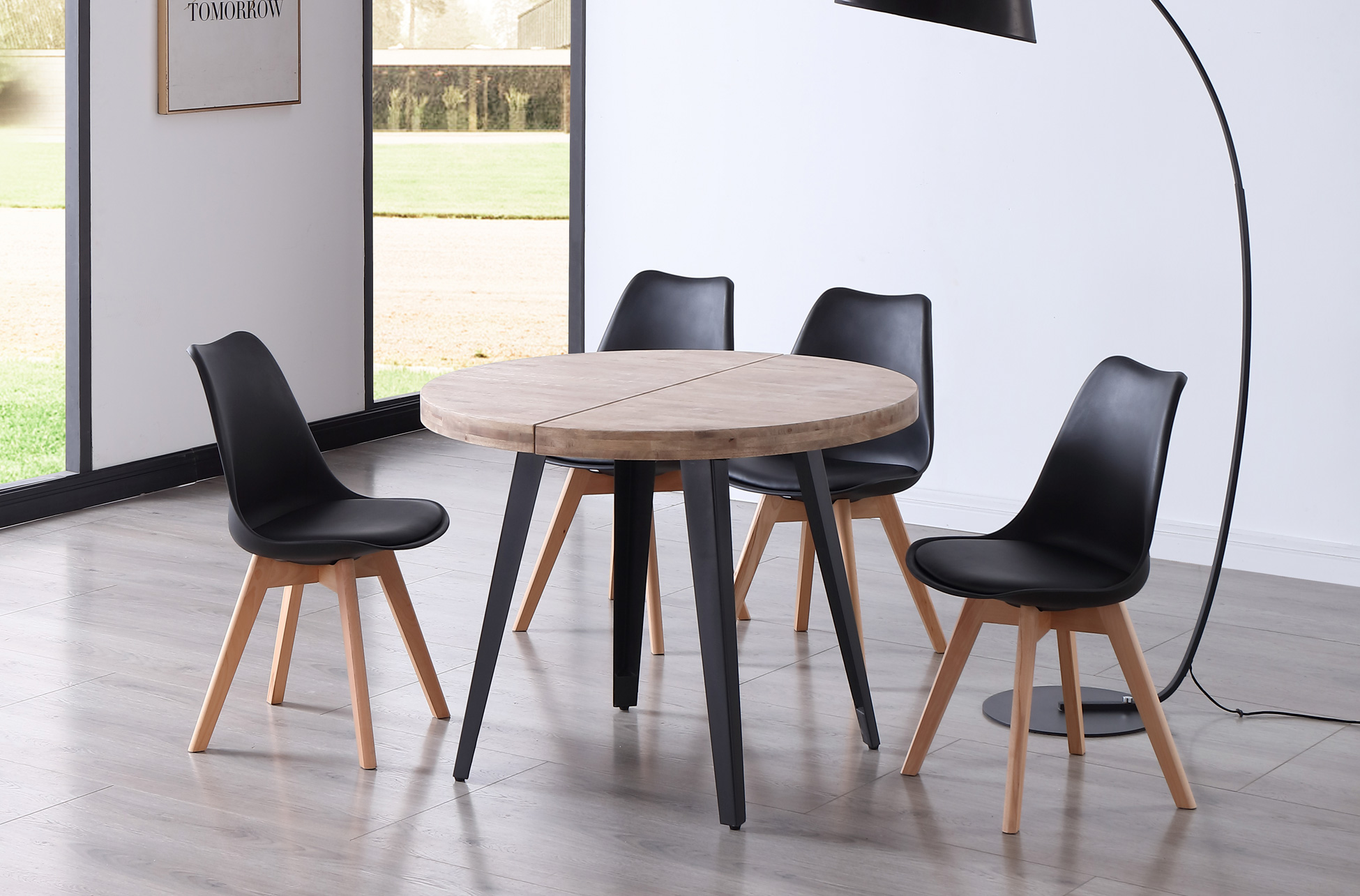 MESA COMEDOR REDONDA EXTENSIBLE BERG 100 - 140 - 180 CM ROBLE HONEY / NEGRO. - Imagen 3