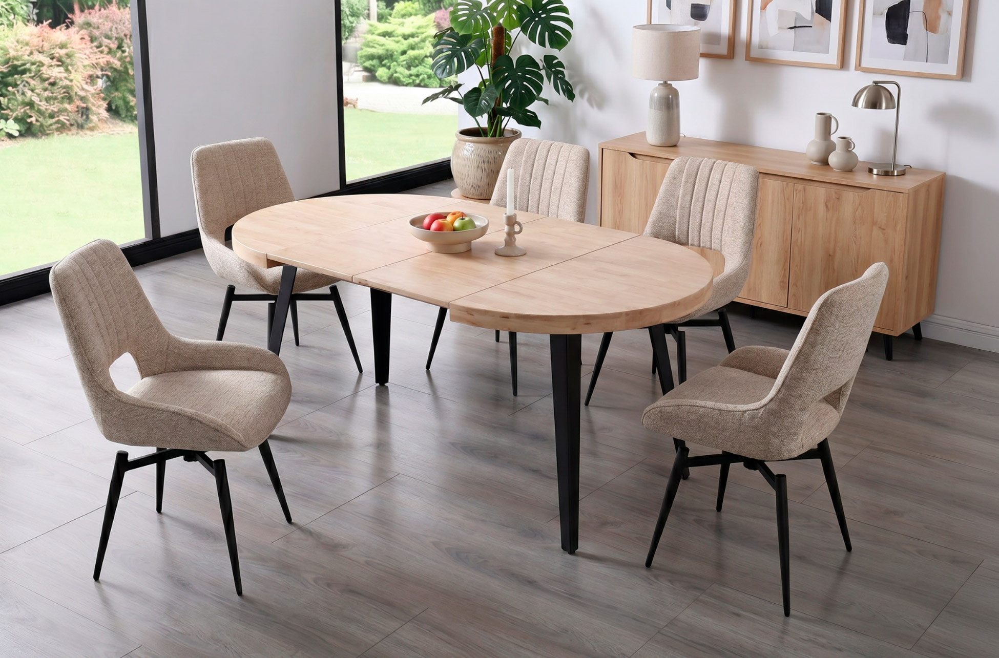 MESA COMEDOR REDONDA EXTENSIBLE BERG 120 - 160 - 200 CM ROBLE NORDISH / NEGRO.