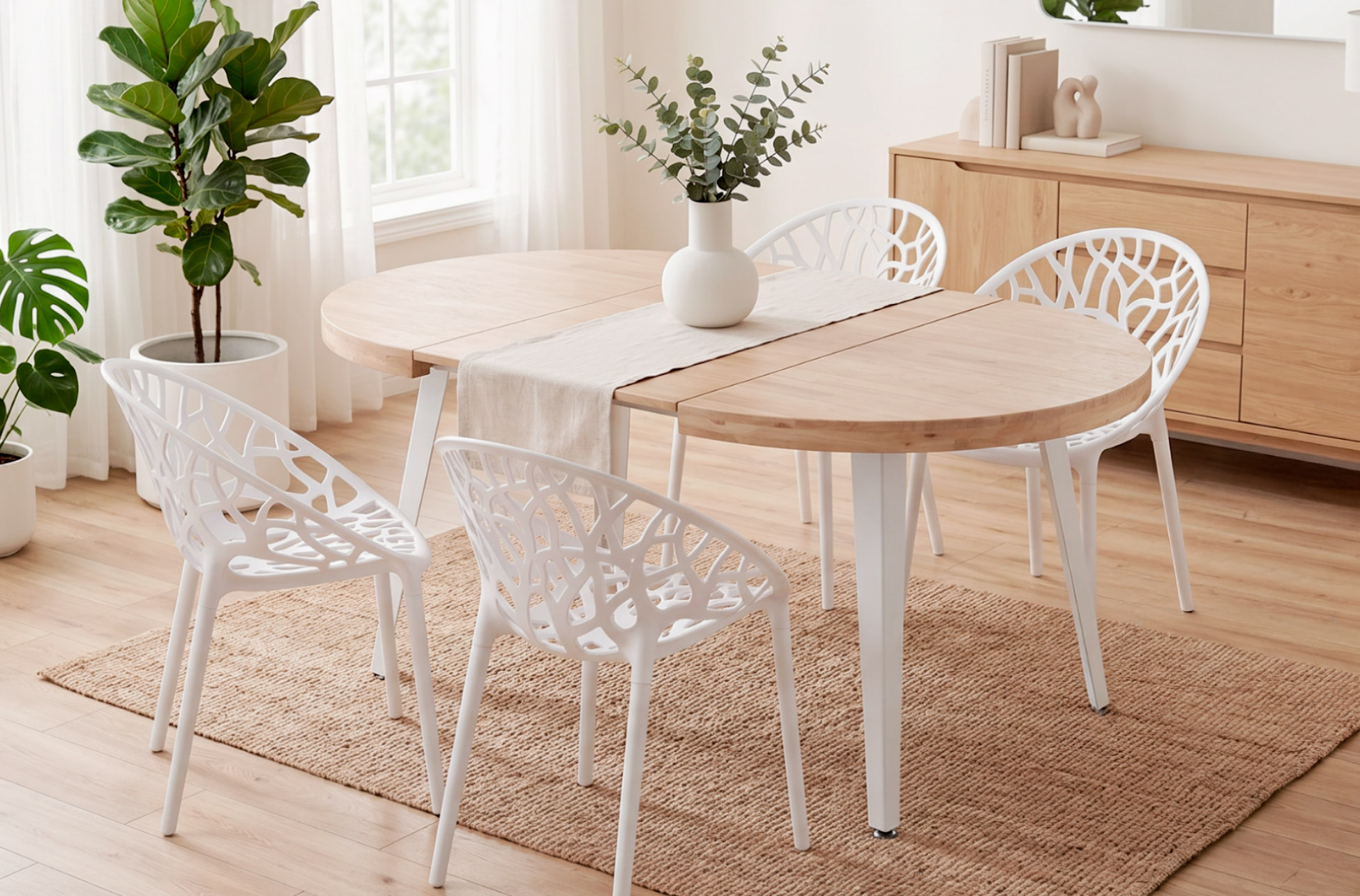 MESA COMEDOR REDONDA EXTENSIBLE BERG 120 - 160 - 200 CM ROBLE NORDISH / BLANCO.