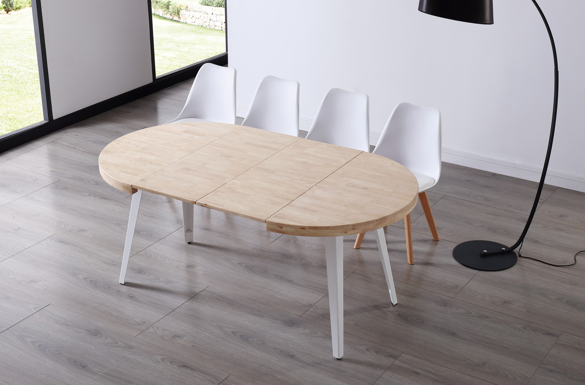MESA COMEDOR REDONDA EXTENSIBLE BERG 120 - 160 - 200 CM ROBLE NORDISH / BLANCO. - Imagen 5