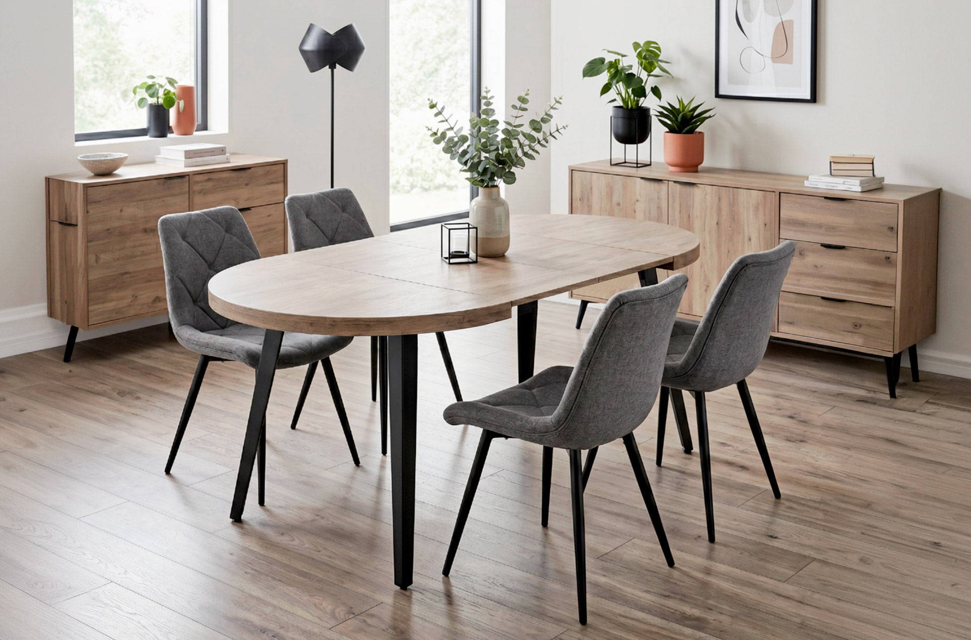 MESA COMEDOR REDONDA EXTENSIBLE BERG 120 - 160 - 200 CM ROBLE HONEY / NEGRO.