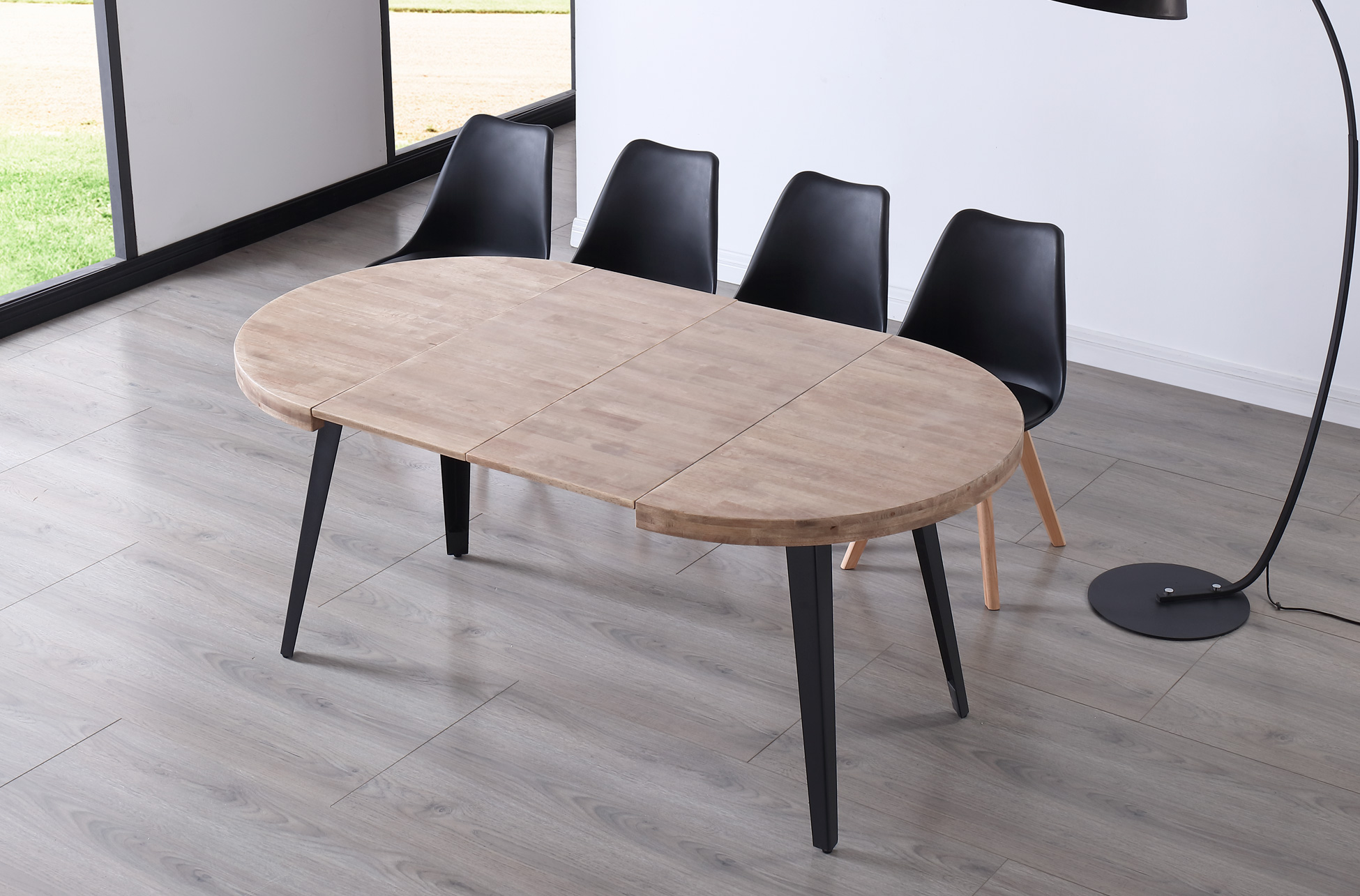 MESA COMEDOR REDONDA EXTENSIBLE BERG 120 - 160 - 200 CM ROBLE HONEY / NEGRO. - Imagen 5