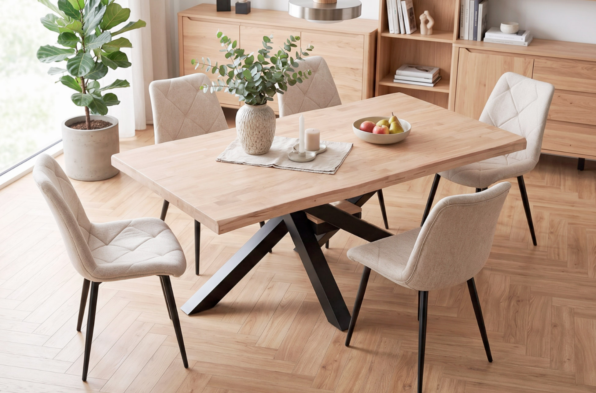 MESA COMEDOR FIJA XENA 180 x 100 CM ROBLE NORDISH / NEGRO TAPA CON FORMA.