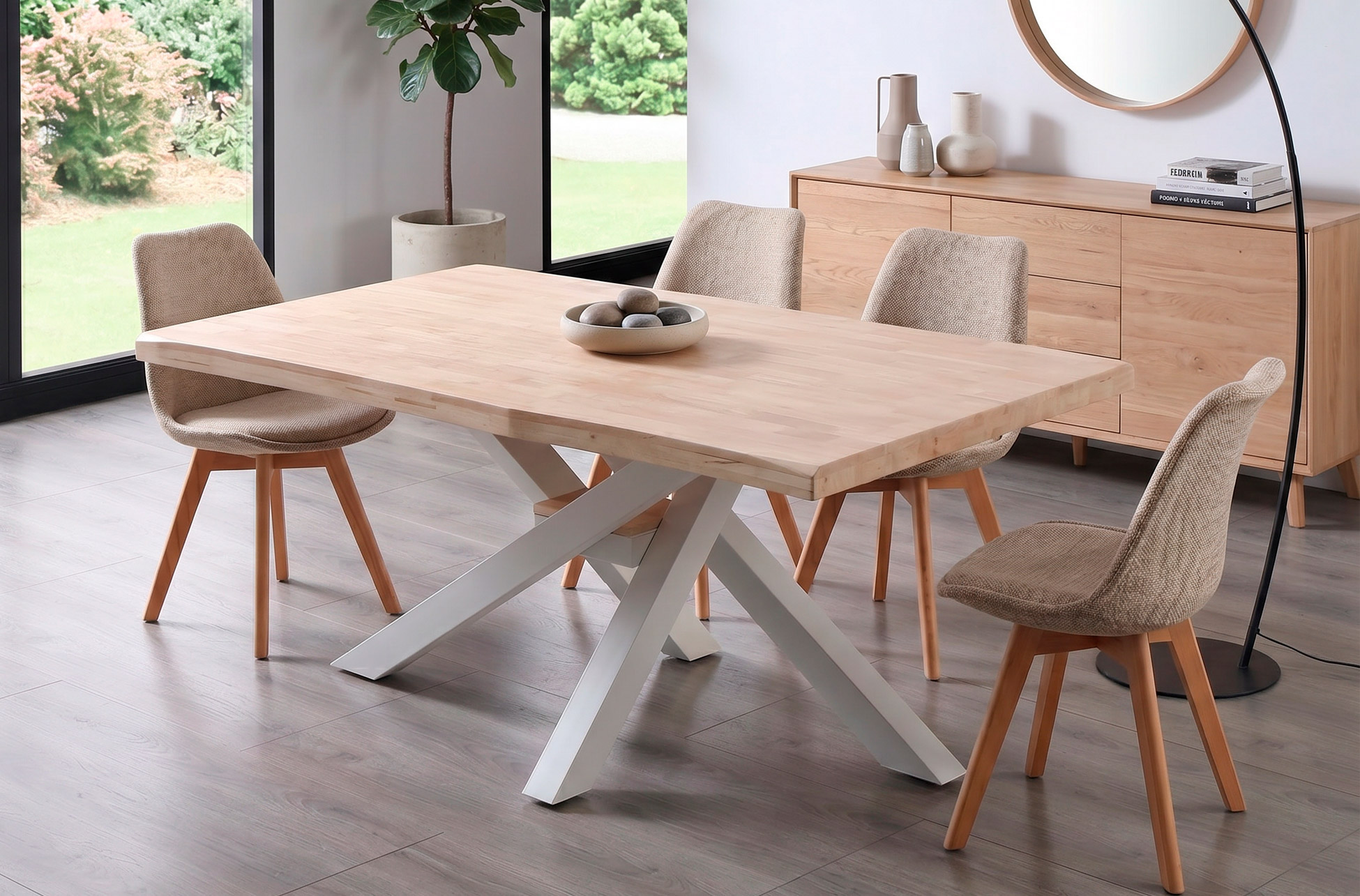 MESA COMEDOR FIJA XENA 180 x 100 CM ROBLE NORDISH / BLANCO TAPA CON FORMA.