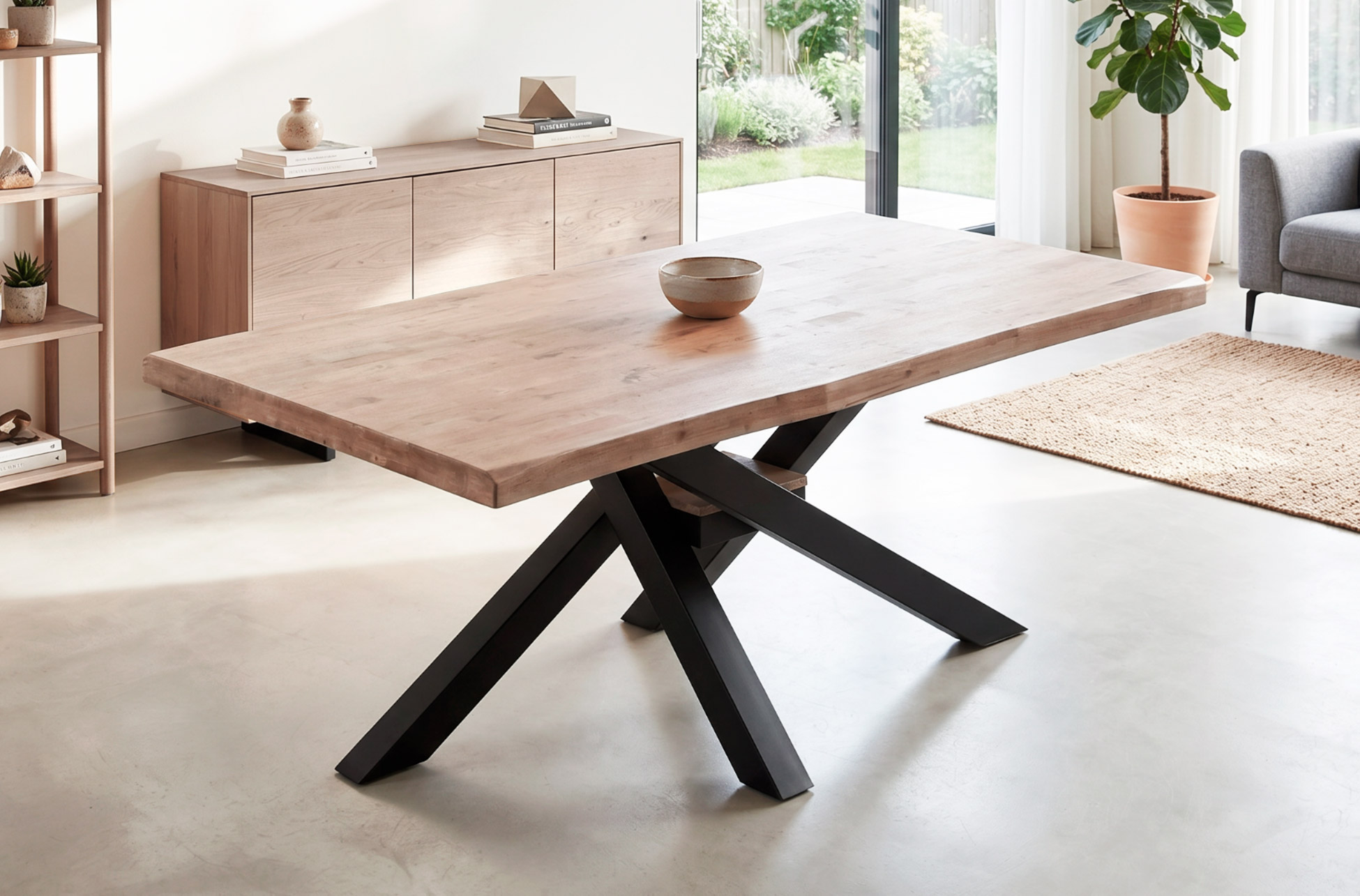 MESA COMEDOR FIJA XENA 180 x 100 CM ROBLE HONEY / NEGRO TAPA CON FORMA.