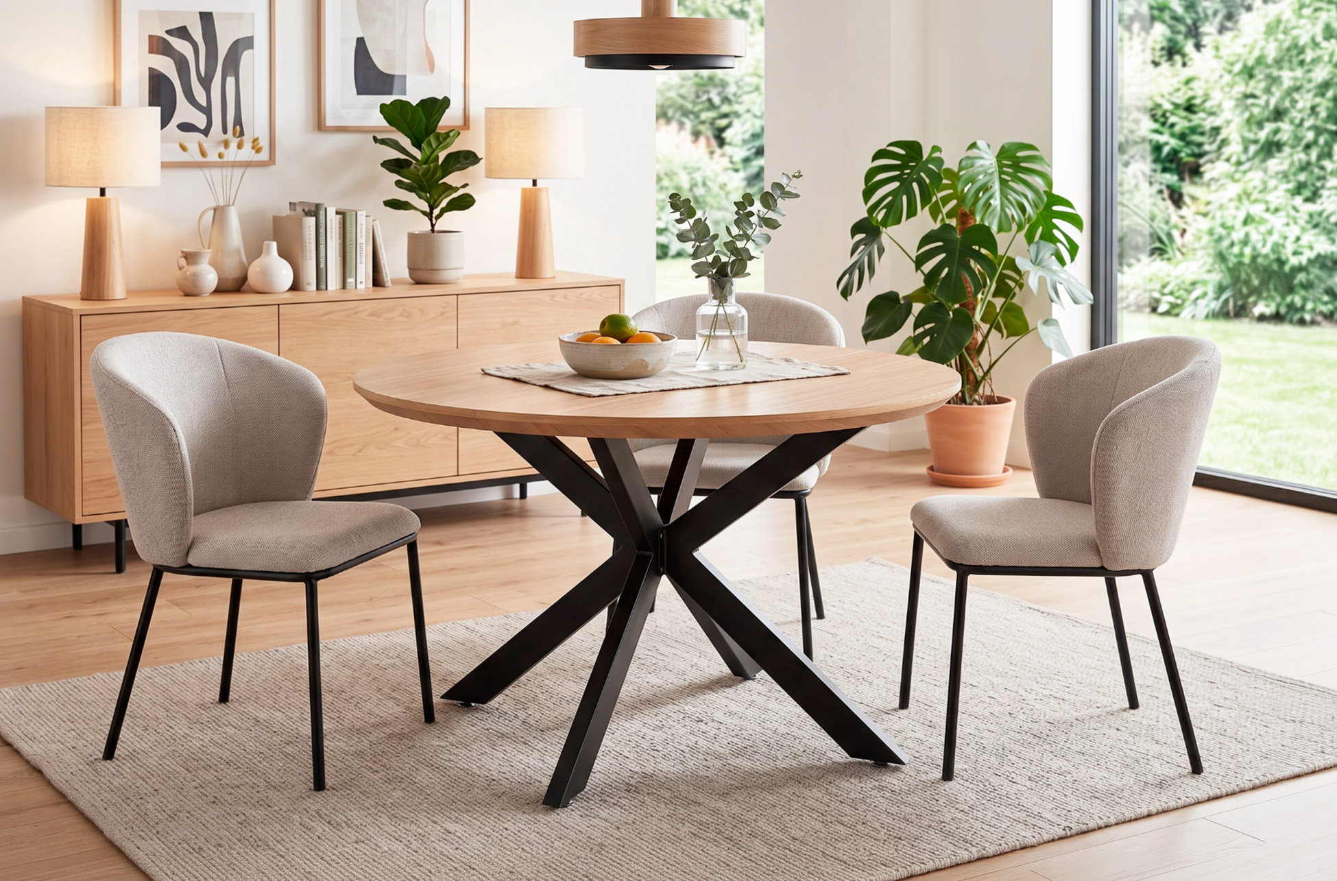 MESA COMEDOR REDONDA EXTENSIBLE CROSS 130 - 170 - 210 x 130 CM OAK / NEGRO.