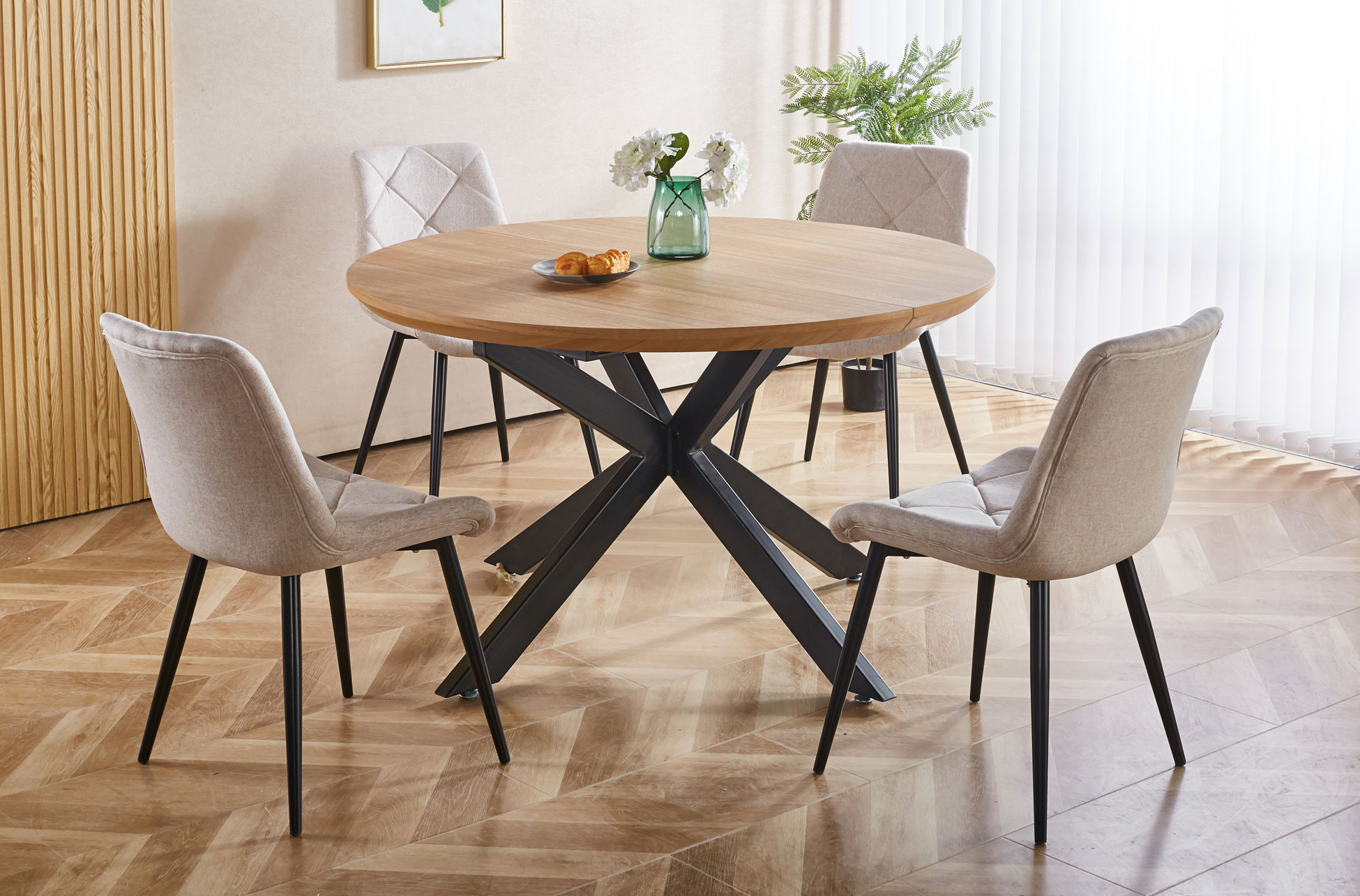 MESA COMEDOR REDONDA EXTENSIBLE CROSS 130 - 170 - 210 x 130 CM OAK / NEGRO. - Imagen 7