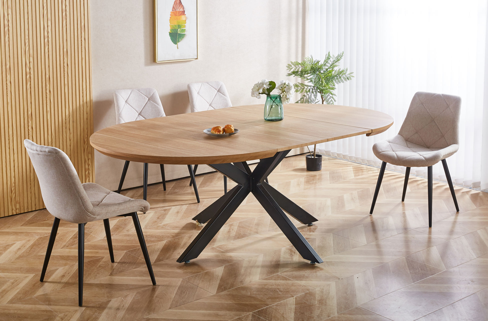 MESA COMEDOR REDONDA EXTENSIBLE CROSS 130 - 170 - 210 x 130 CM OAK / NEGRO. - Imagen 8