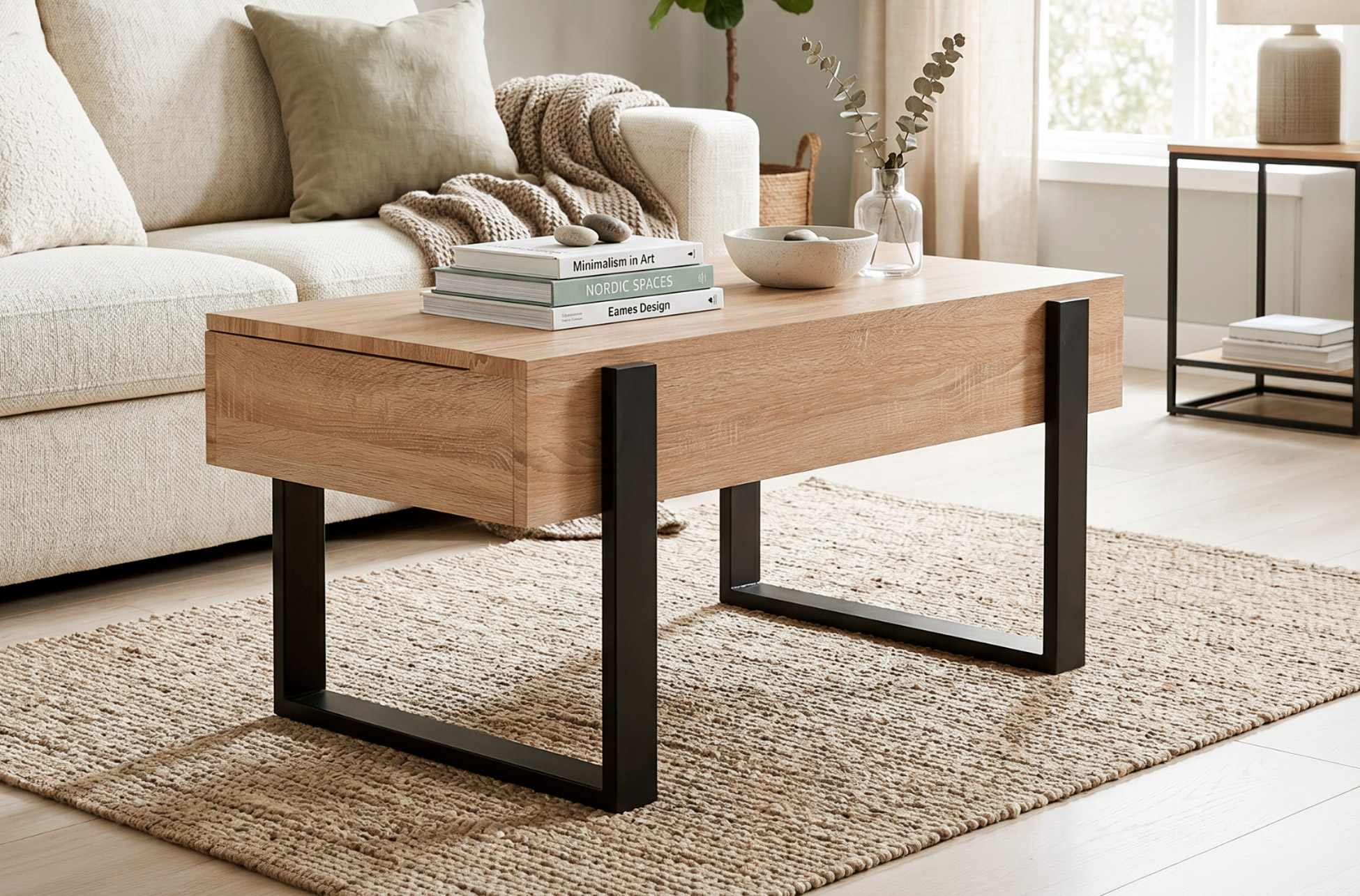 MESA CENTRO ELEVABLE 110 X 60 CM INDUSTRIAL OAK / NEGRO.