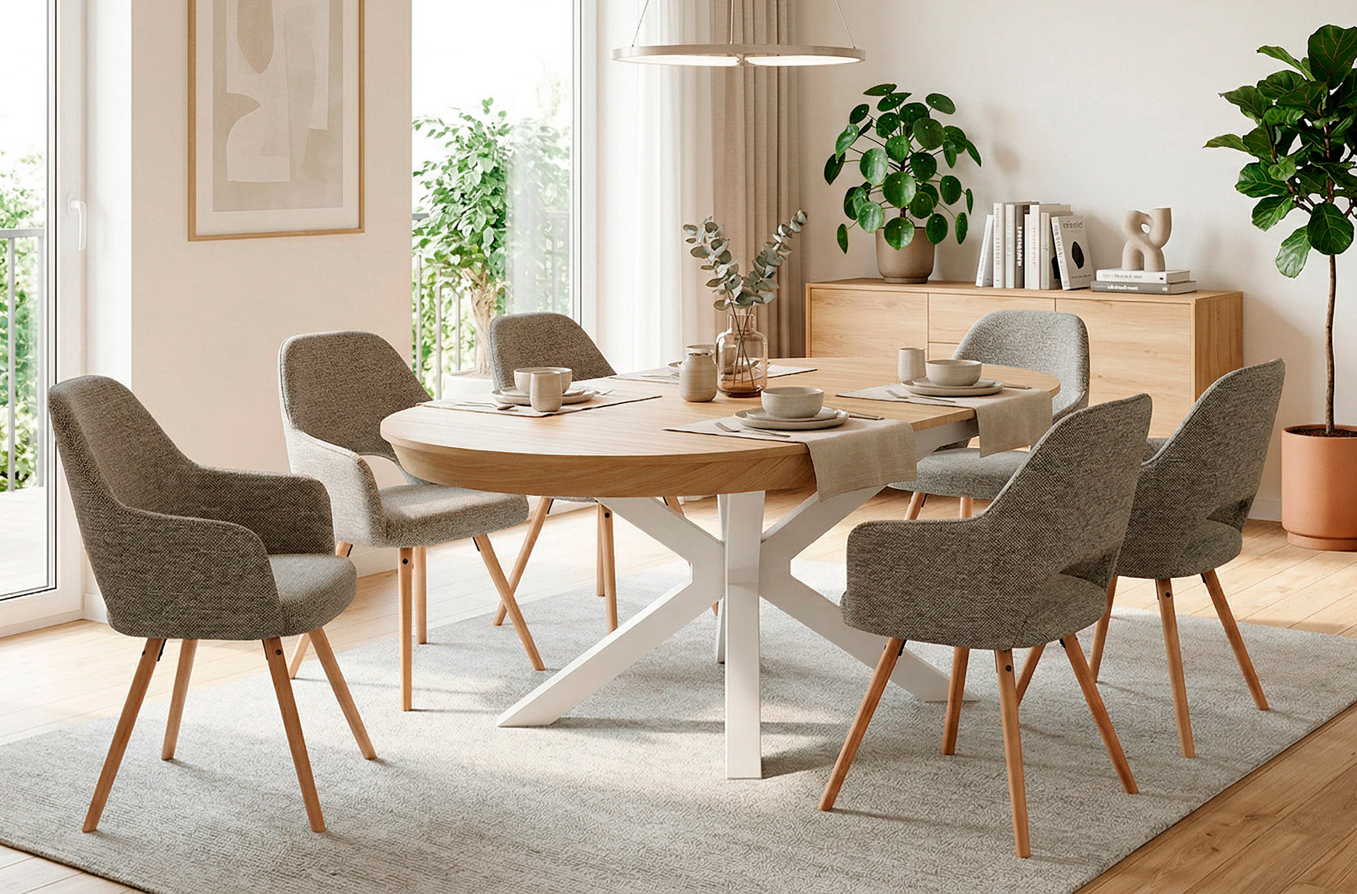 MESA COMEDOR REDONDA EXTENSIBLE BRADLEY 130 - 180 x 130 CM OAK / BLANCO