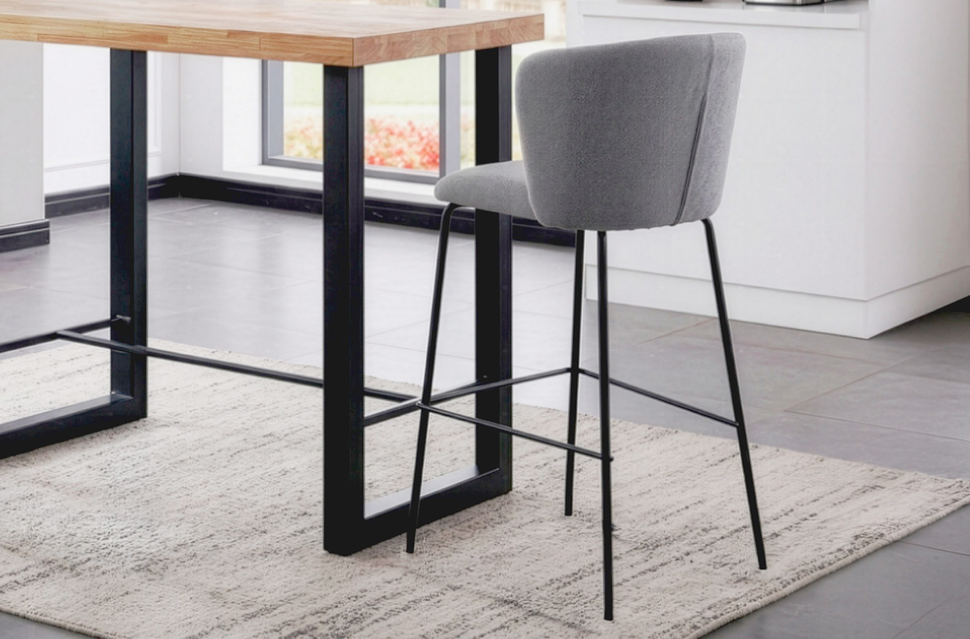 TABURETE TAPIZADO MARGOT ALTO ASIENTO 65 CM TEJIDO GRIS.