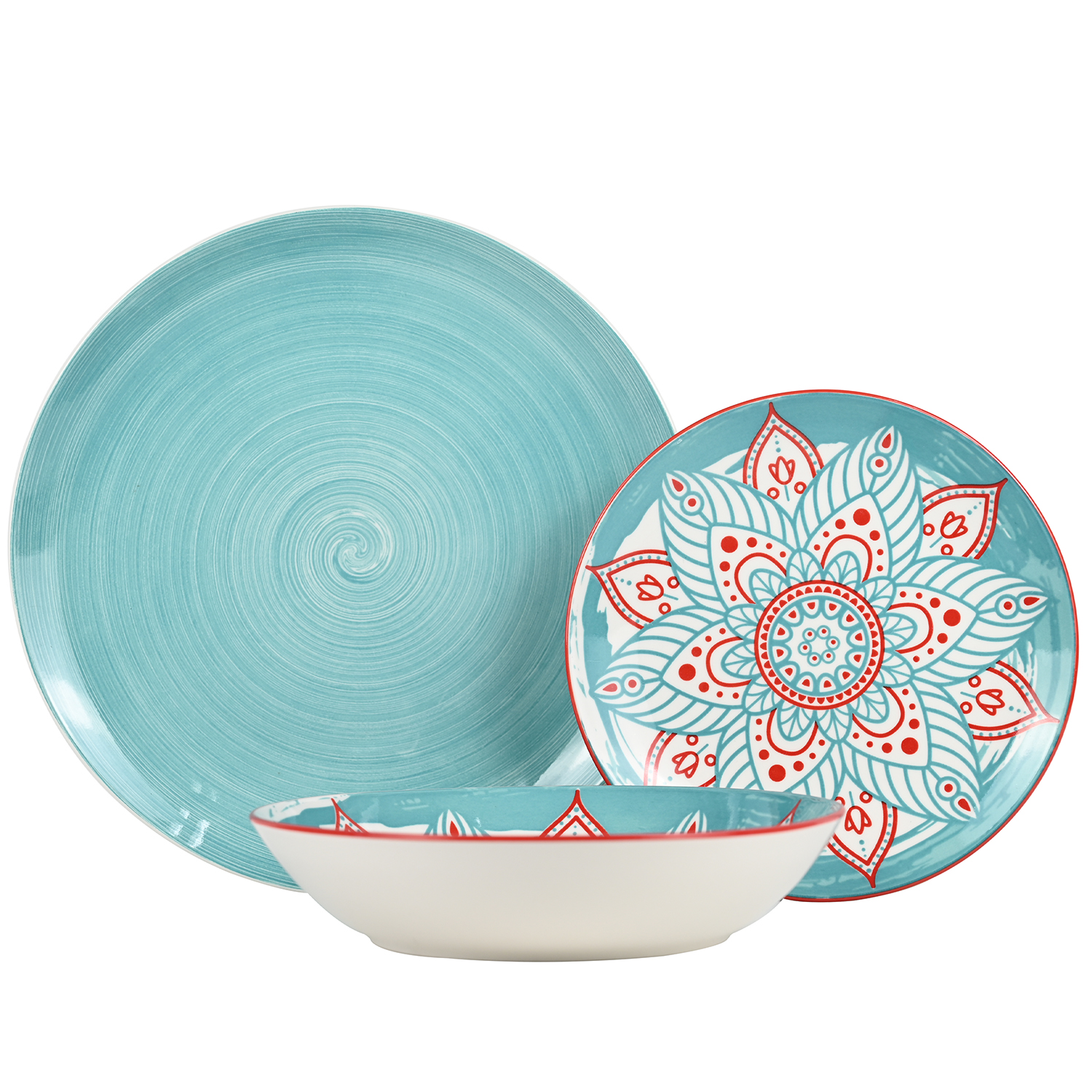 VAJILLA 18 PZS PORCELANA AZULHOJAS, PLATO LLANO:ø27CM