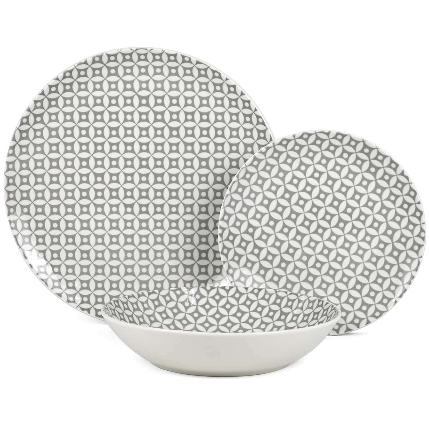 VAJILLA 18 PZS PORCELANA GRIS ROSA, PLATO LLANO:ø27CM