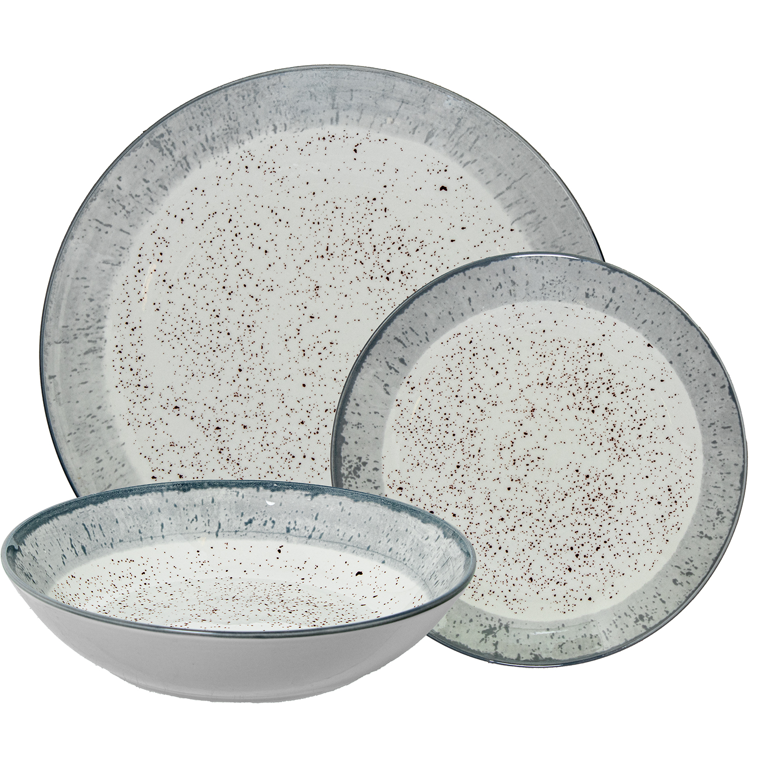 VAJILLA 18 PZS PORCELANA DECO. MOTEADO BORDE AZUL