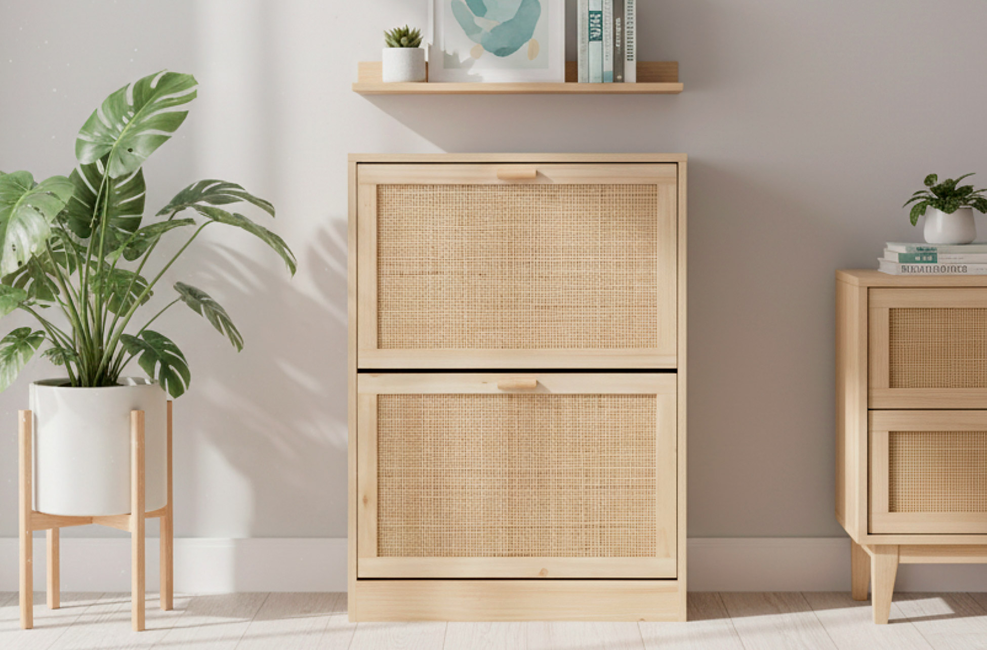 ZAPATERO DECOR 60 x 24 CM PINO / RATTAN.