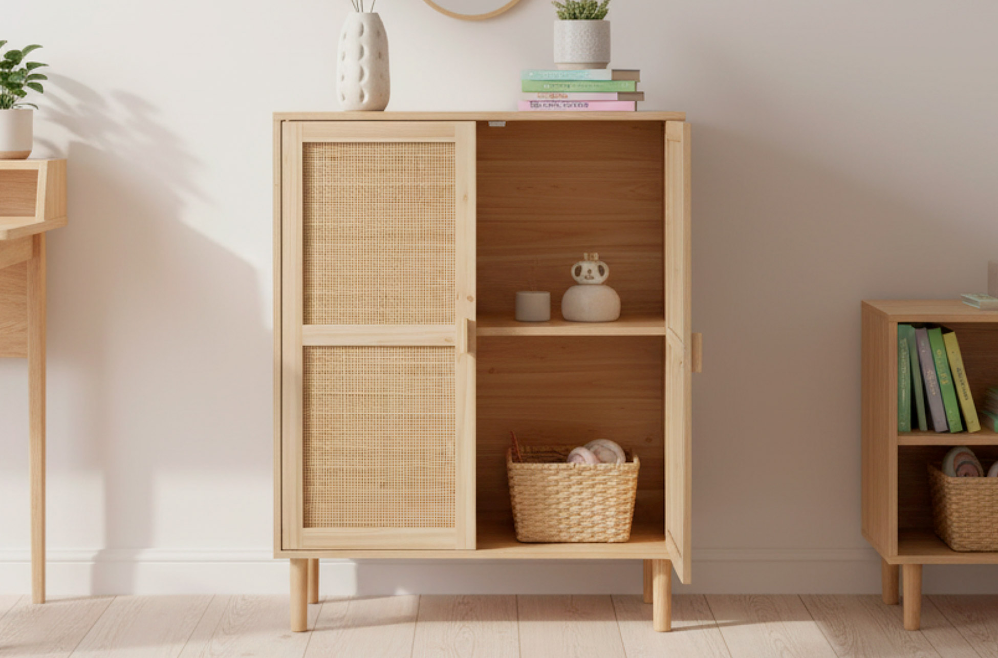 ARMARIO BAJO DÉCOR 80 x 40 CM PINO / RATTAN.