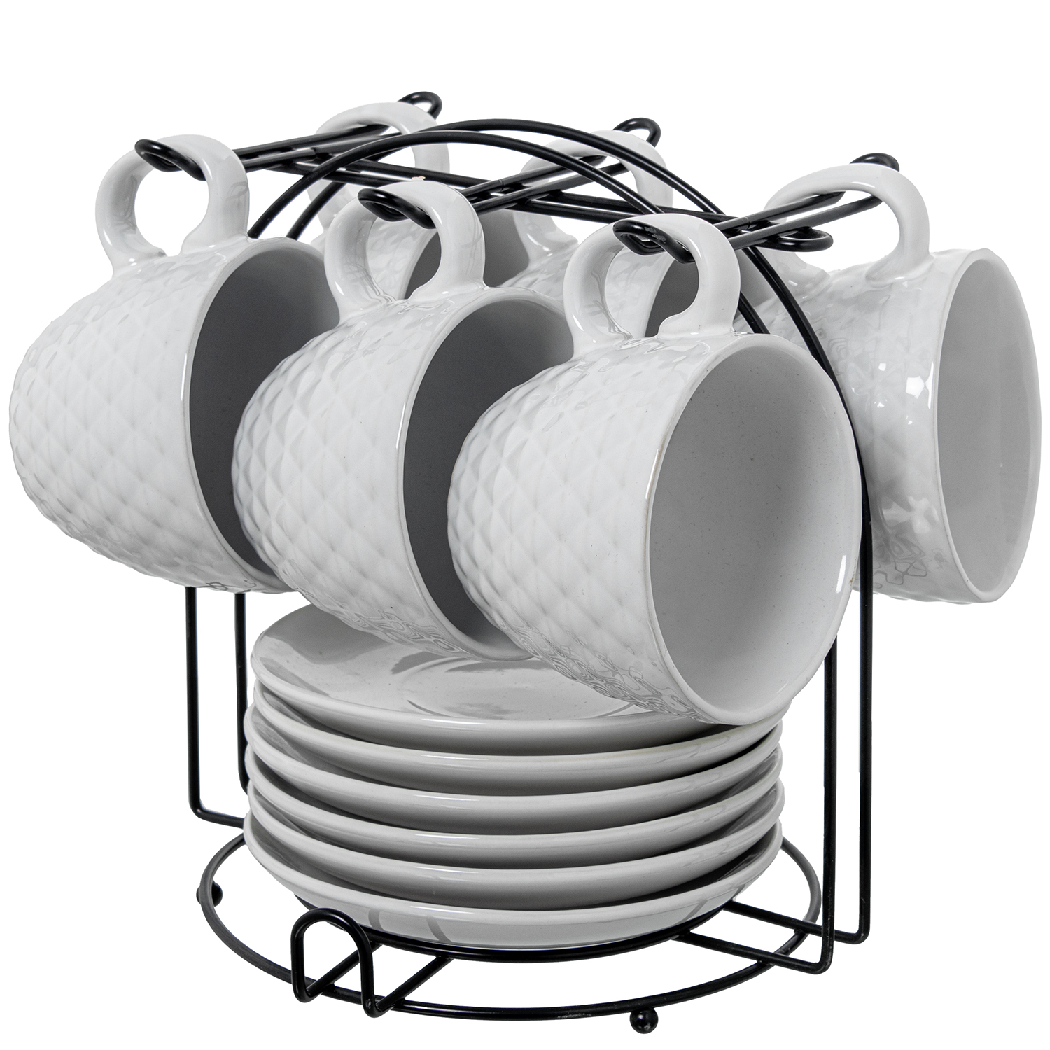 SET 6 TAZAS TÉ C/PLATO CERÁMICICA BLANCA C/SOPORTE METAL NEG