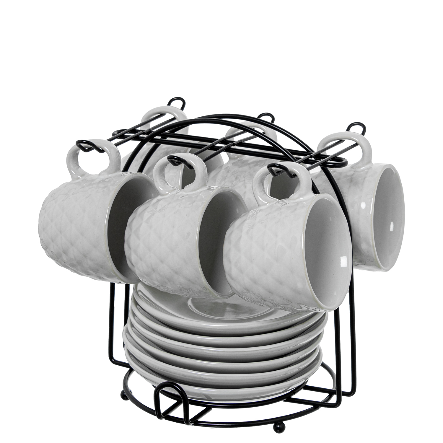 SET 6 TAZAS CAFÉ C/PLATO CERÁMA BLANCA C/SOPORTE METAL NEGRO