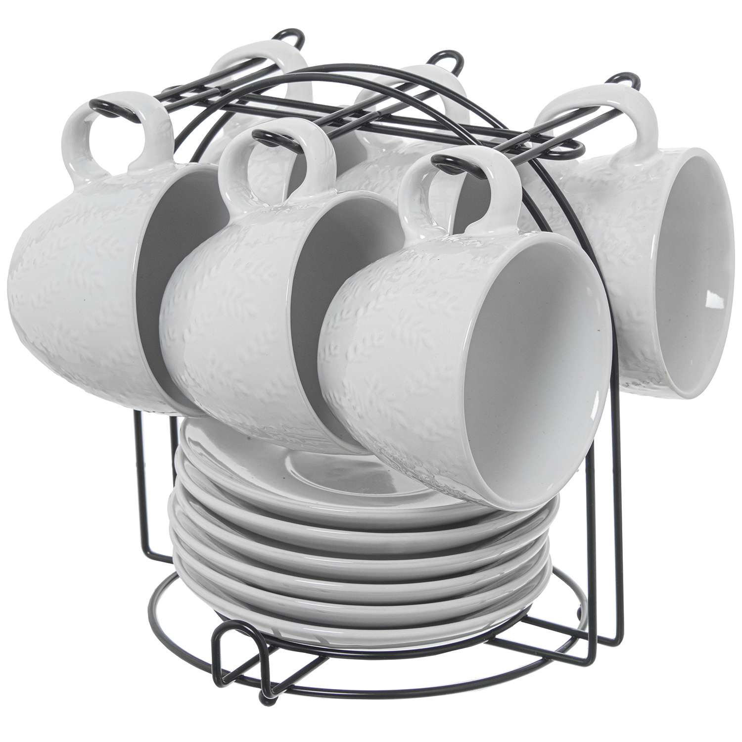 SET 6 TAZAS TÉ C/PLATO CERÁMICICA BLANCA C/SOPORTE METAL NEG