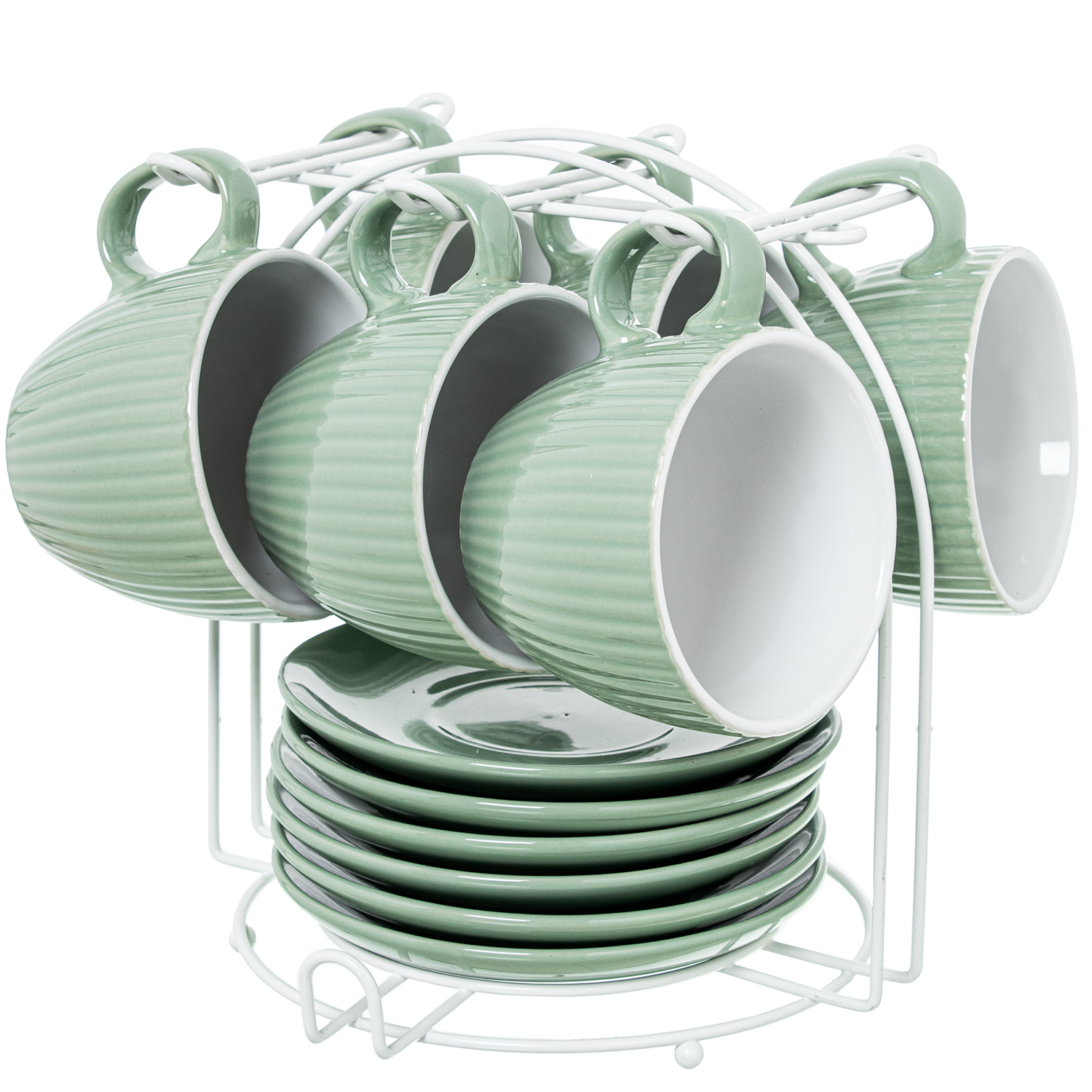 SET 6 TAZAS TÉ C/PLATO CERÁMICICA BLANCA C/SOPORTE METAL NEG