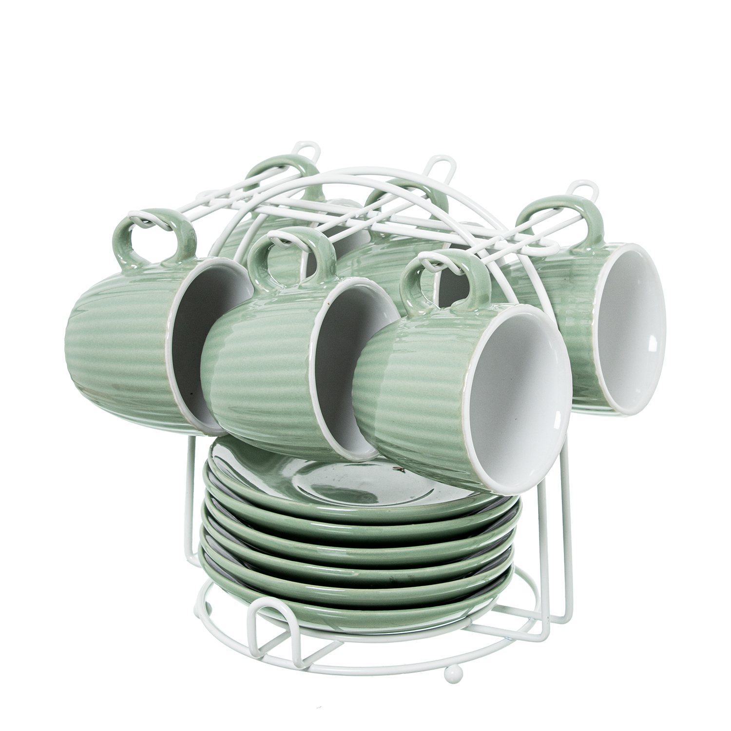 SET 6 TAZAS CAFÉ C/PLATO CERÁMA VERDE MENTA C/SOPORTE METAL