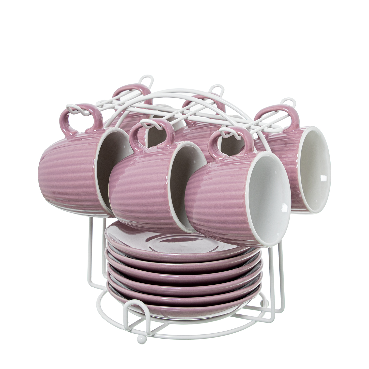 SET 6 TAZAS CAFÉ C/PLATO CERÁMA ROSA PALO C/SOPORTE METAL BL
