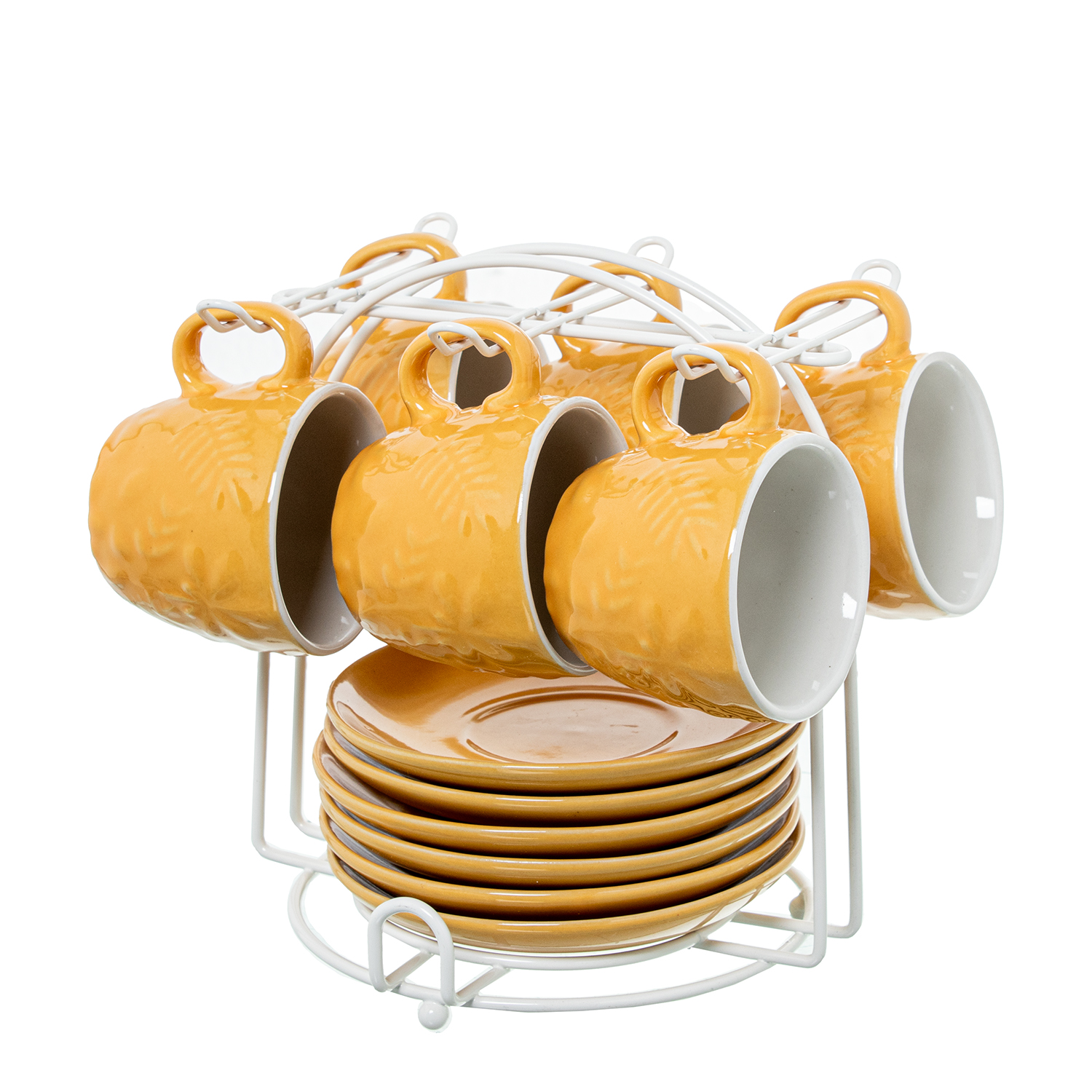 SET 6 TAZAS CAFÉ C/PLATO CERÁMA AMARILLA C/SOPORTE METAL BLA