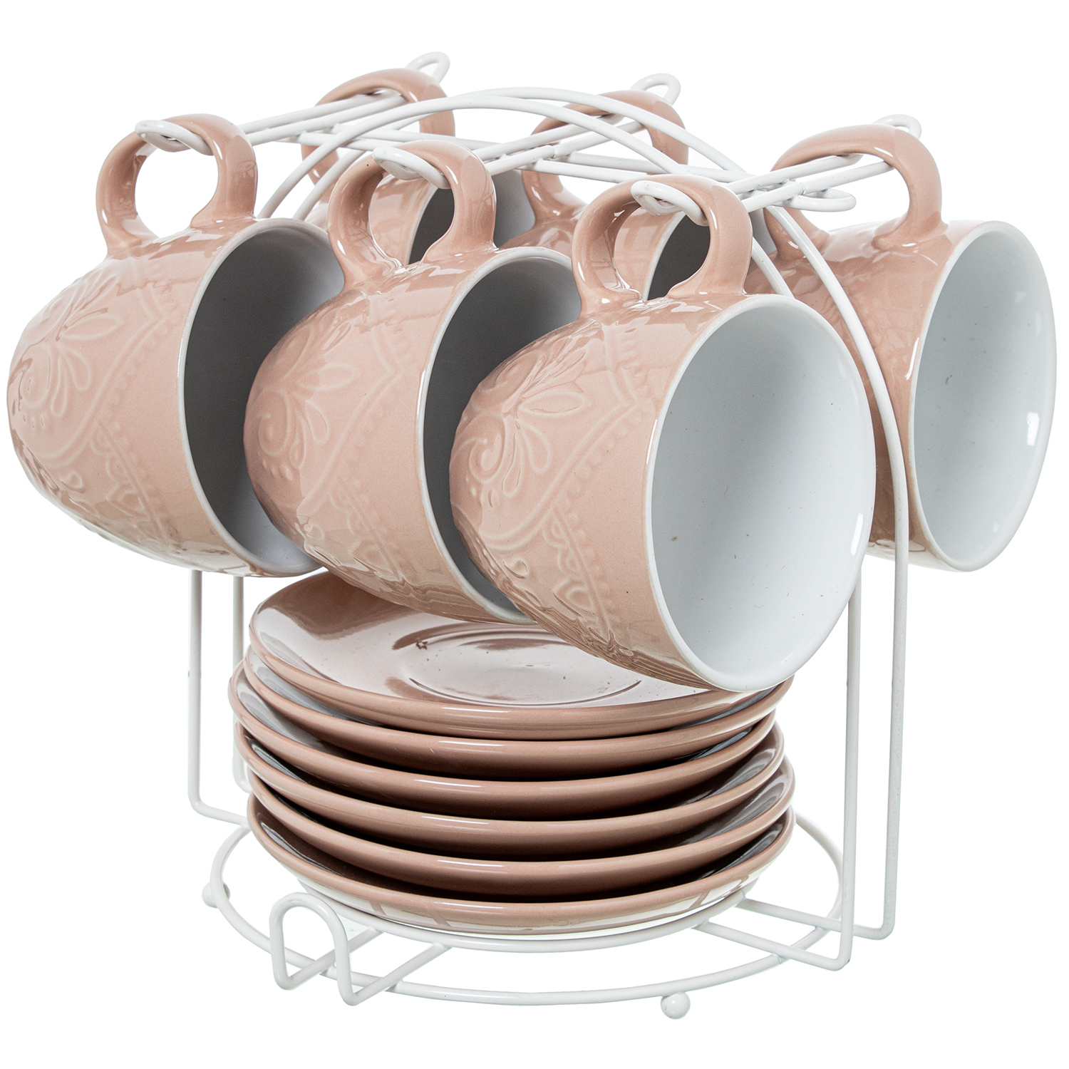 SET 6 TAZAS TÉ C/PLATO CERÁMICICA AMARILLA C/SOPORTE METAL B