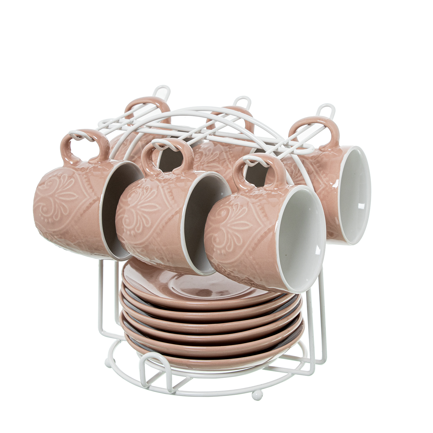 SET 6 TAZAS CAFÉ C/PLATO CERÁMA COLOR ROSA C/SOPORTE METAL