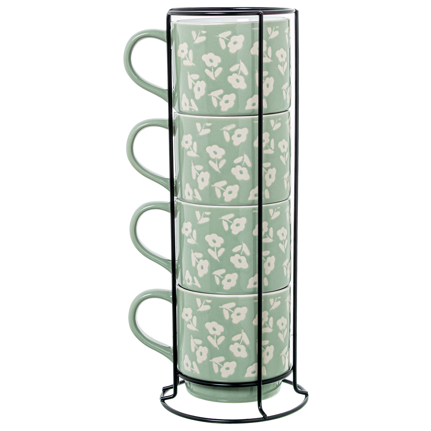 SET 4 MUGS CERÁMICA VERDE FLORICA COLOR ROSA C/SOPORTE METAL