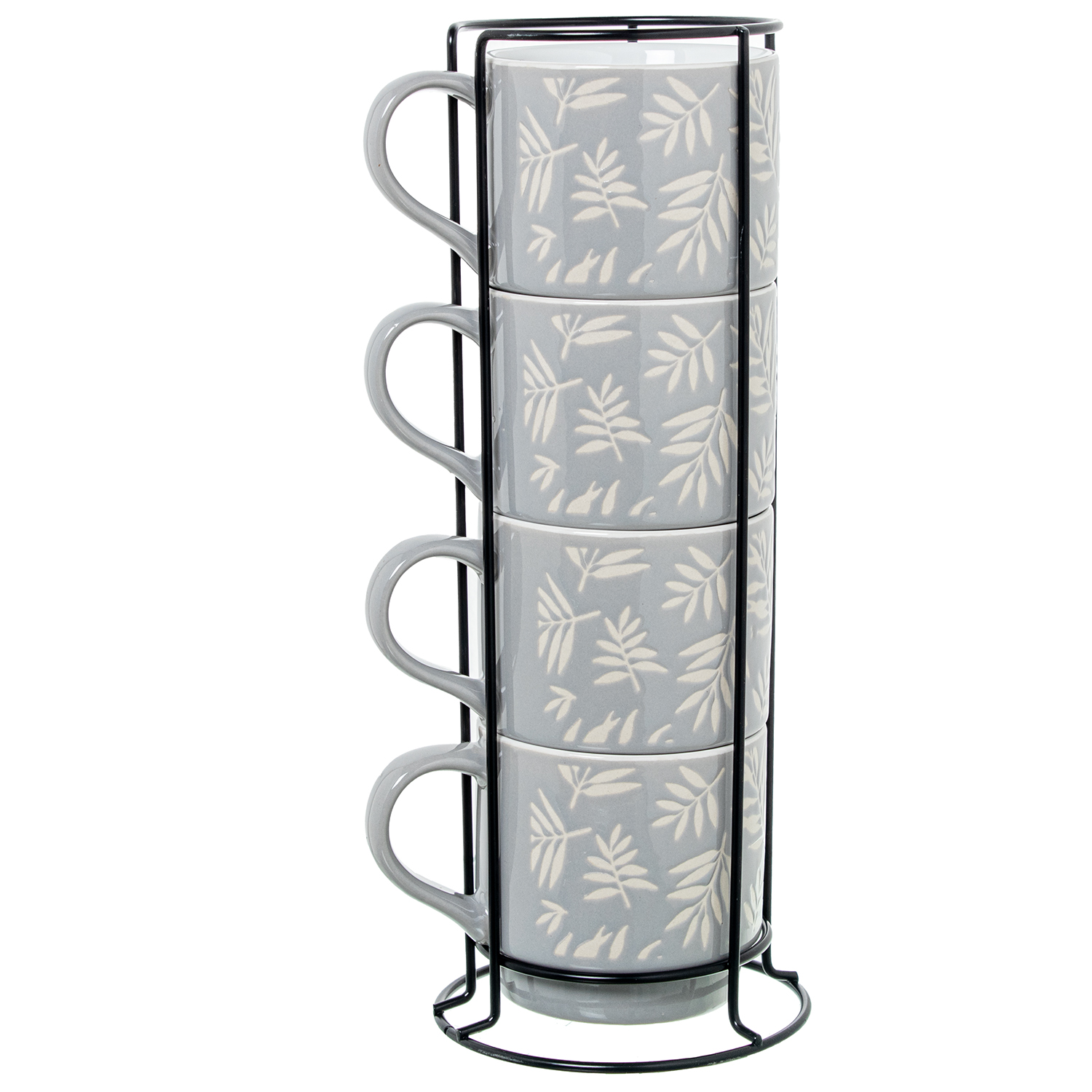 SET 4 MUGS CER MICA AZUL HOJASES C/SOPORTE METAL NEGRO