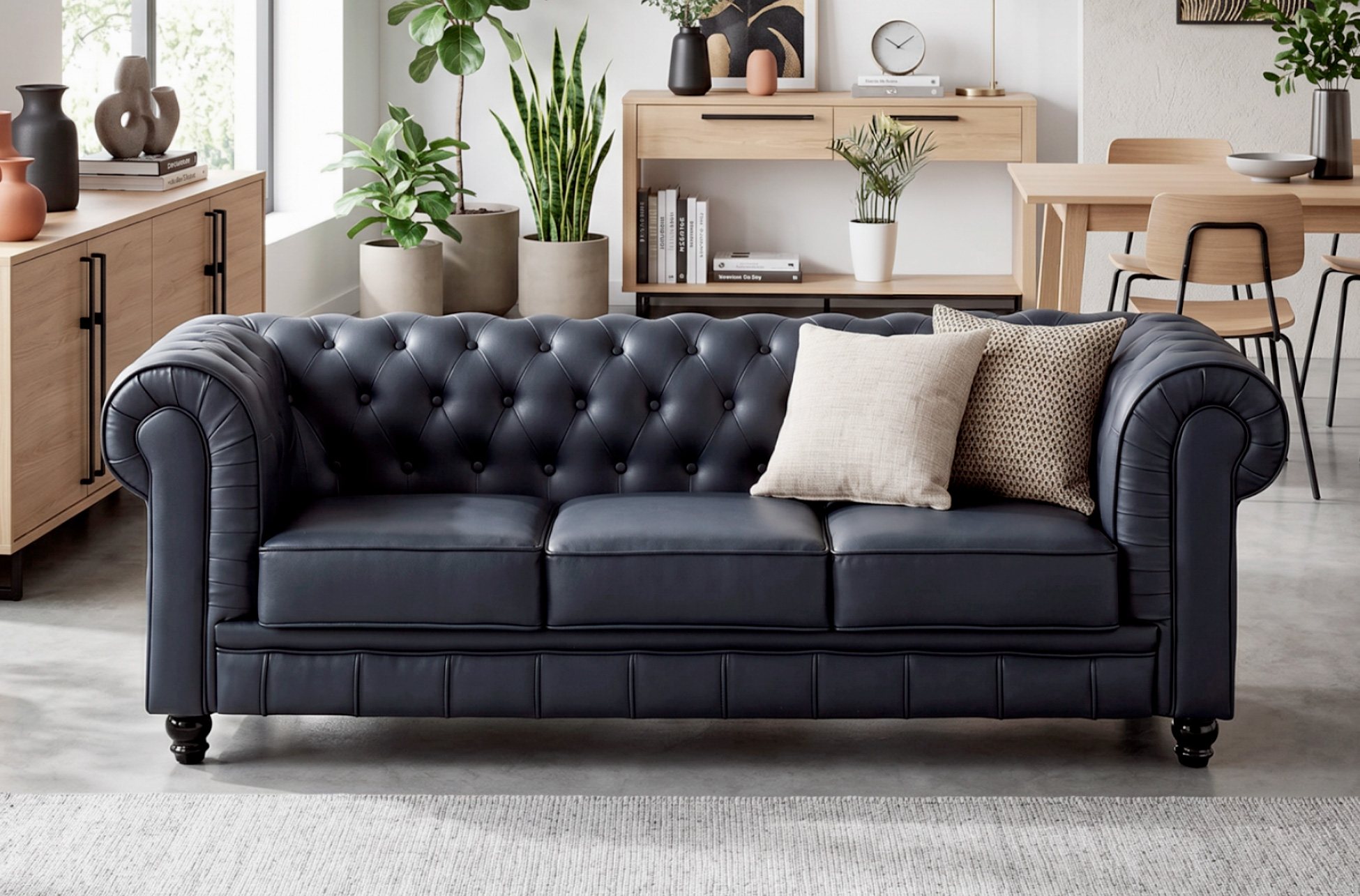 SOFÁ CHESTERFIELD 3 PLAZAS SÍMIL PIEL NEGRO
