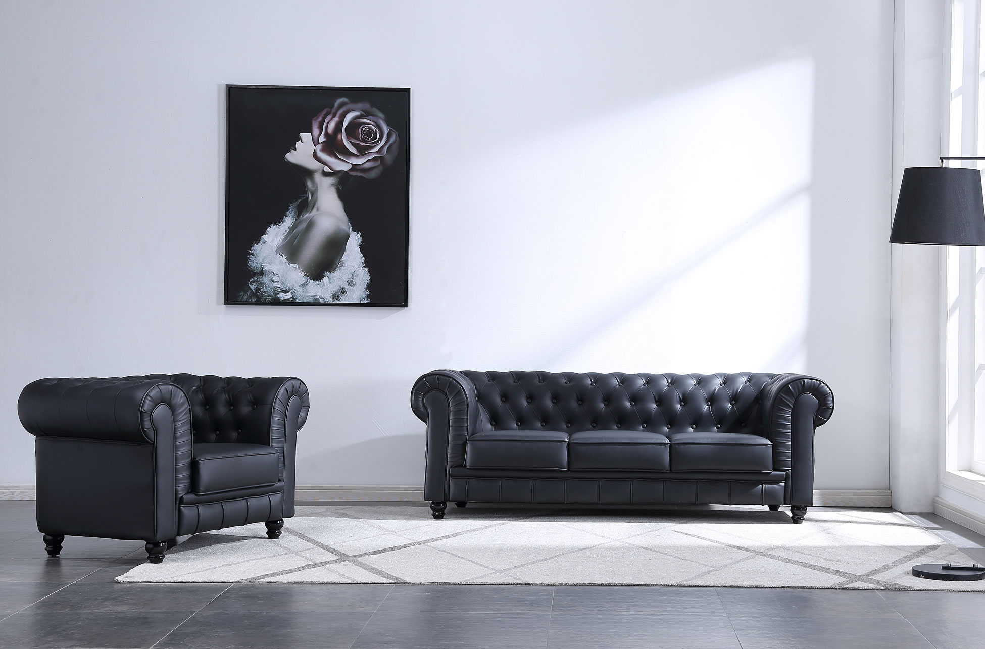 SOFÁ CHESTERFIELD 3 PLAZAS SÍMIL PIEL NEGRO - Imagen 3