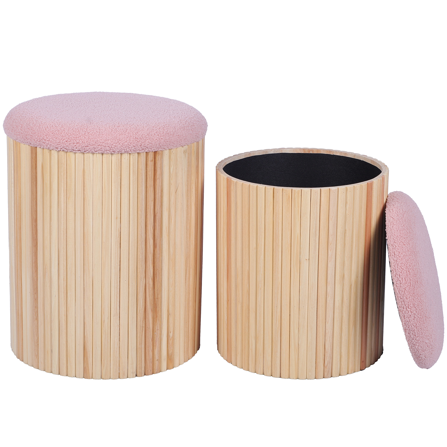 SET 2 PUFS MADERA NATURAL C/TAPA BLANCA ACOLCHADA