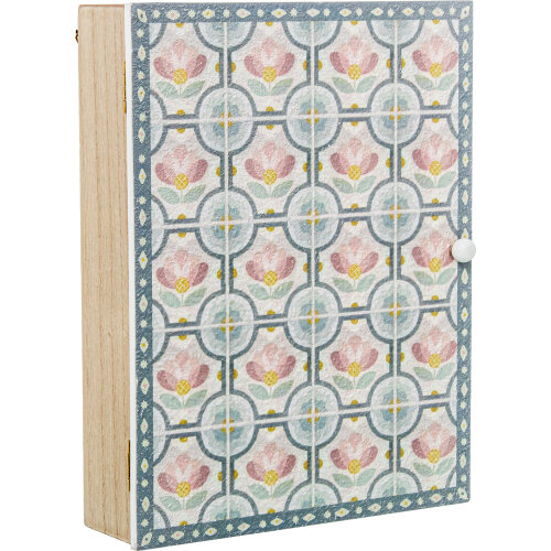 CAJA PORTA LLAVES MADERA DECO. ROSA FLORES BLANCAS