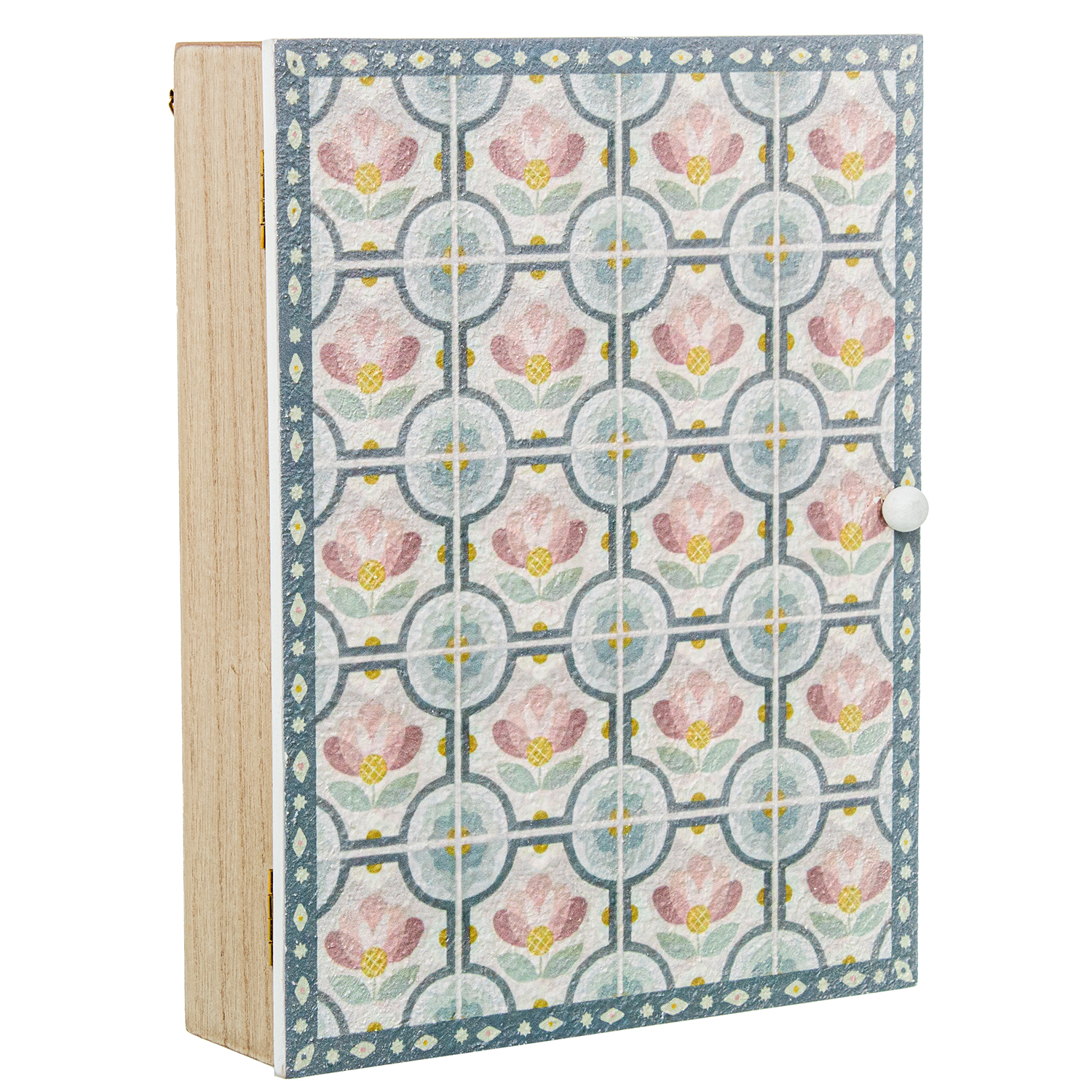 CAJA PORTA LLAVES MADERA DECO. ROSA FLORES BLANCAS