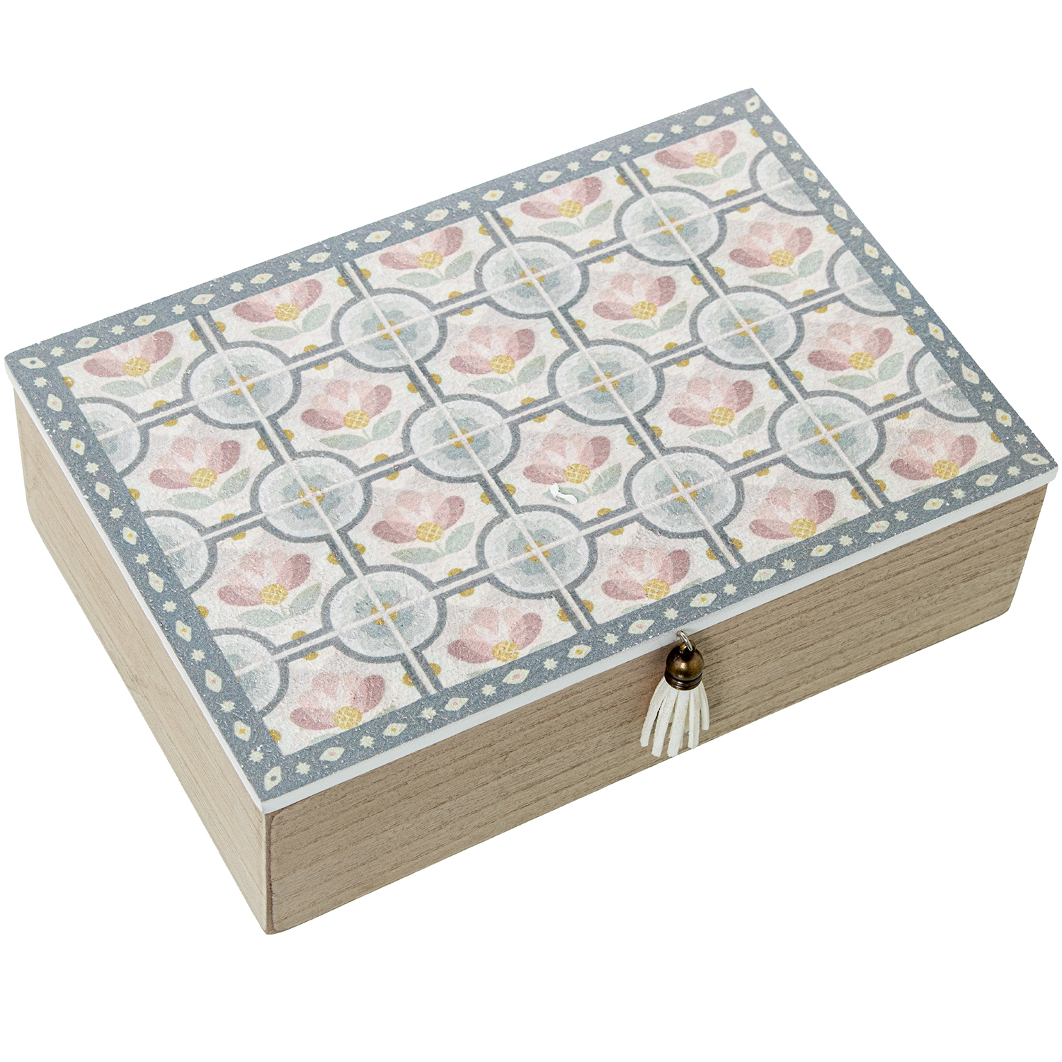 CAJA MADERA DECORADA AZULEJOSES BLANCAS