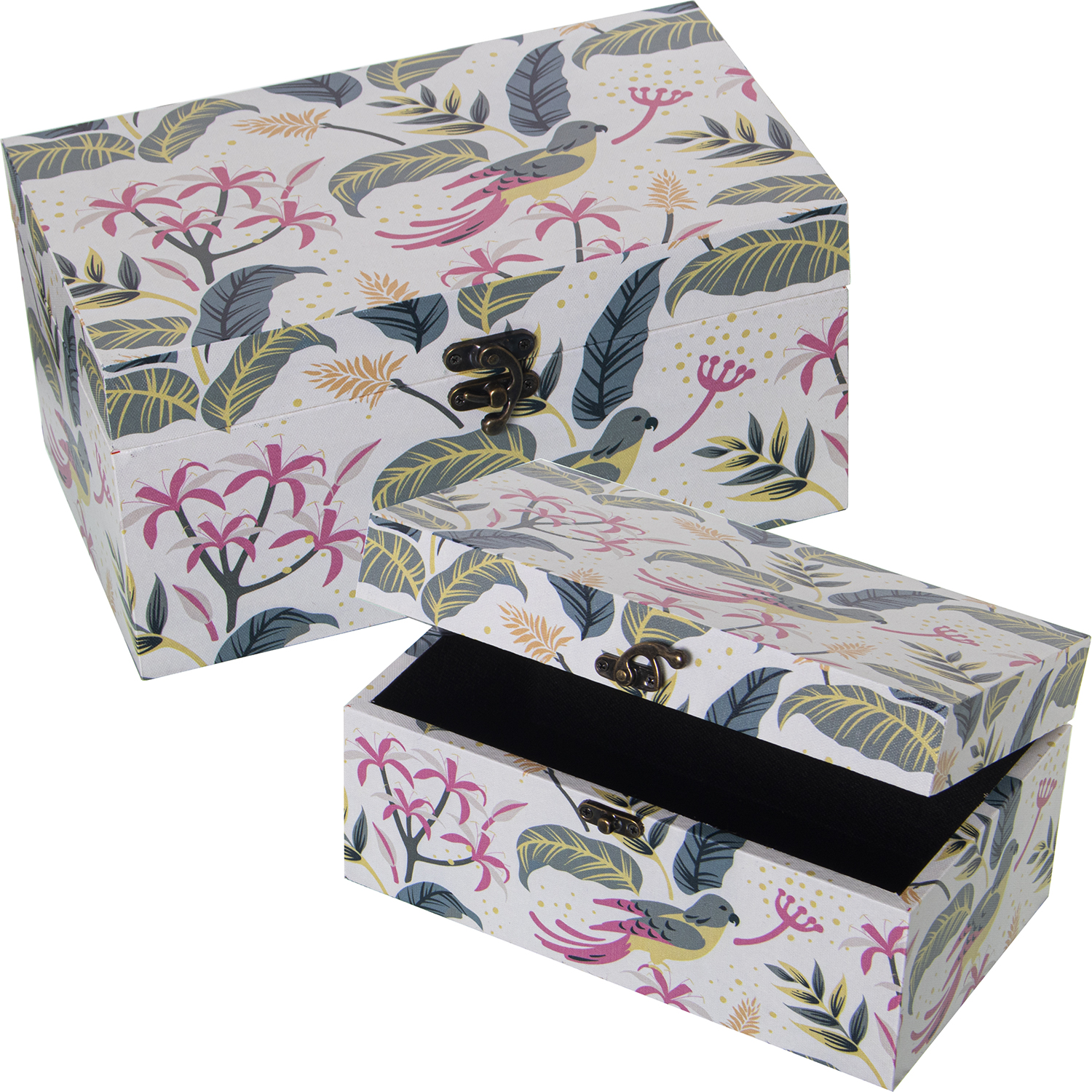 SET 2 CAJAS DECORADAS MADERADMADERA DM/LONA POLIÉSTER HOJAS