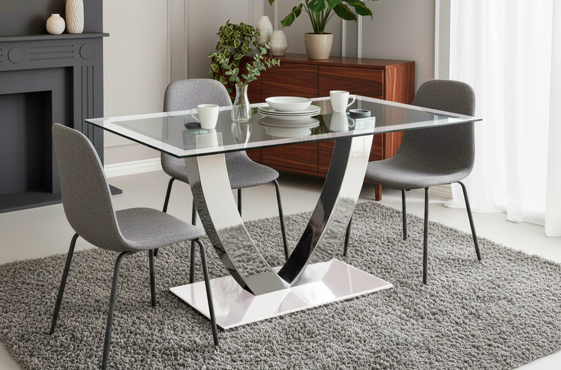 MESA FIJA COMEDOR DUBAI CRISTAL BLANCO / CROMO.