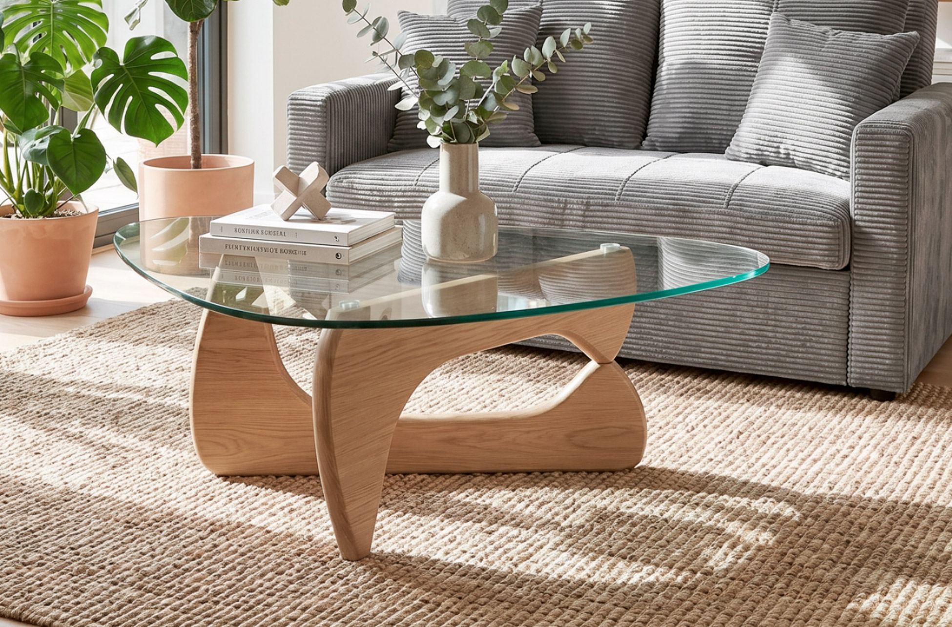 MESA CENTRO LEYNA 110 x 70 CM ROBLE / CRISTAL TRANSPARENTE.