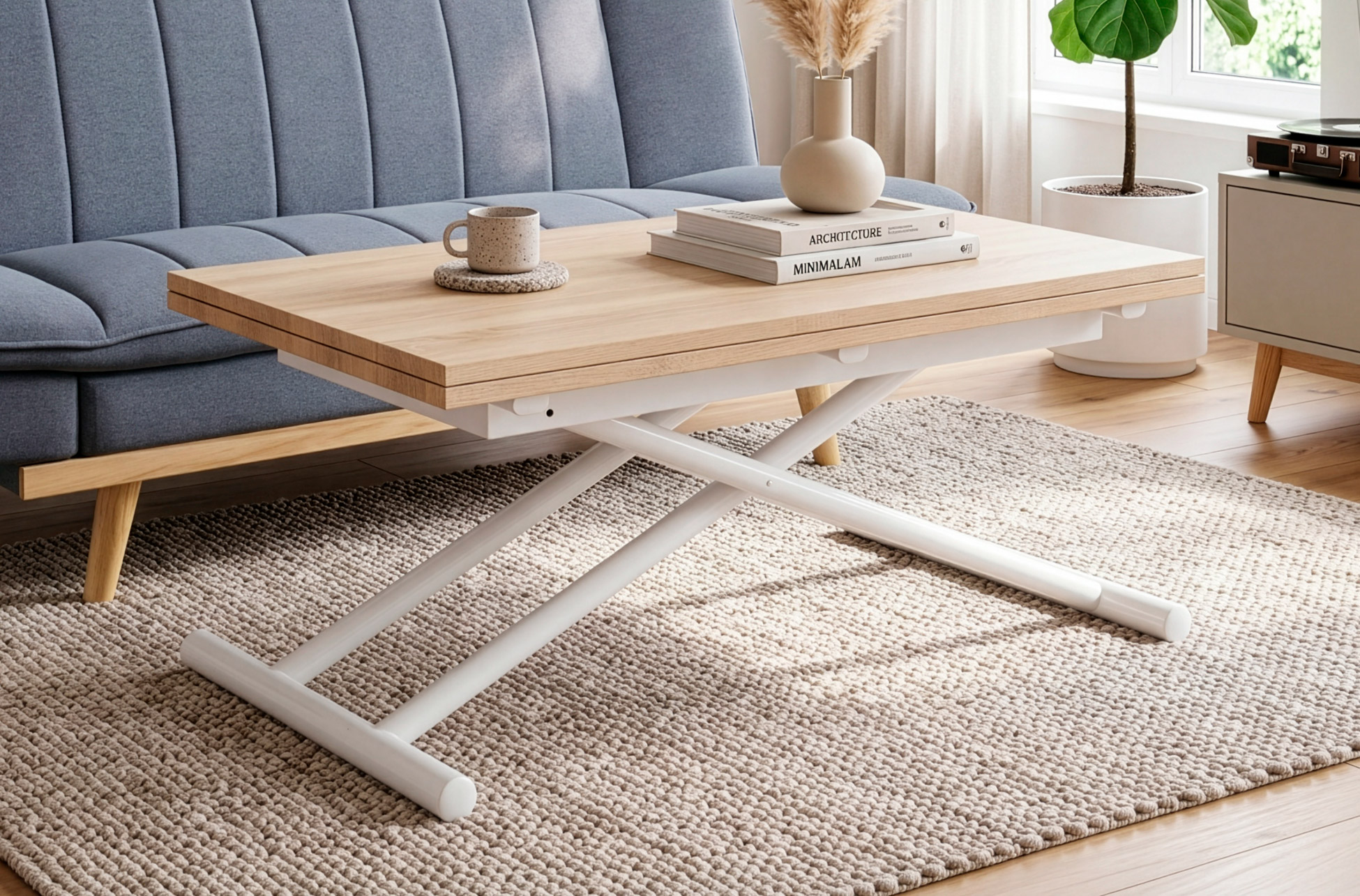 MESA CENTRO ELEVABLE Y EXTENSIBLE UP - DOWN BLANCO / ROBLE 100 x 50 CM