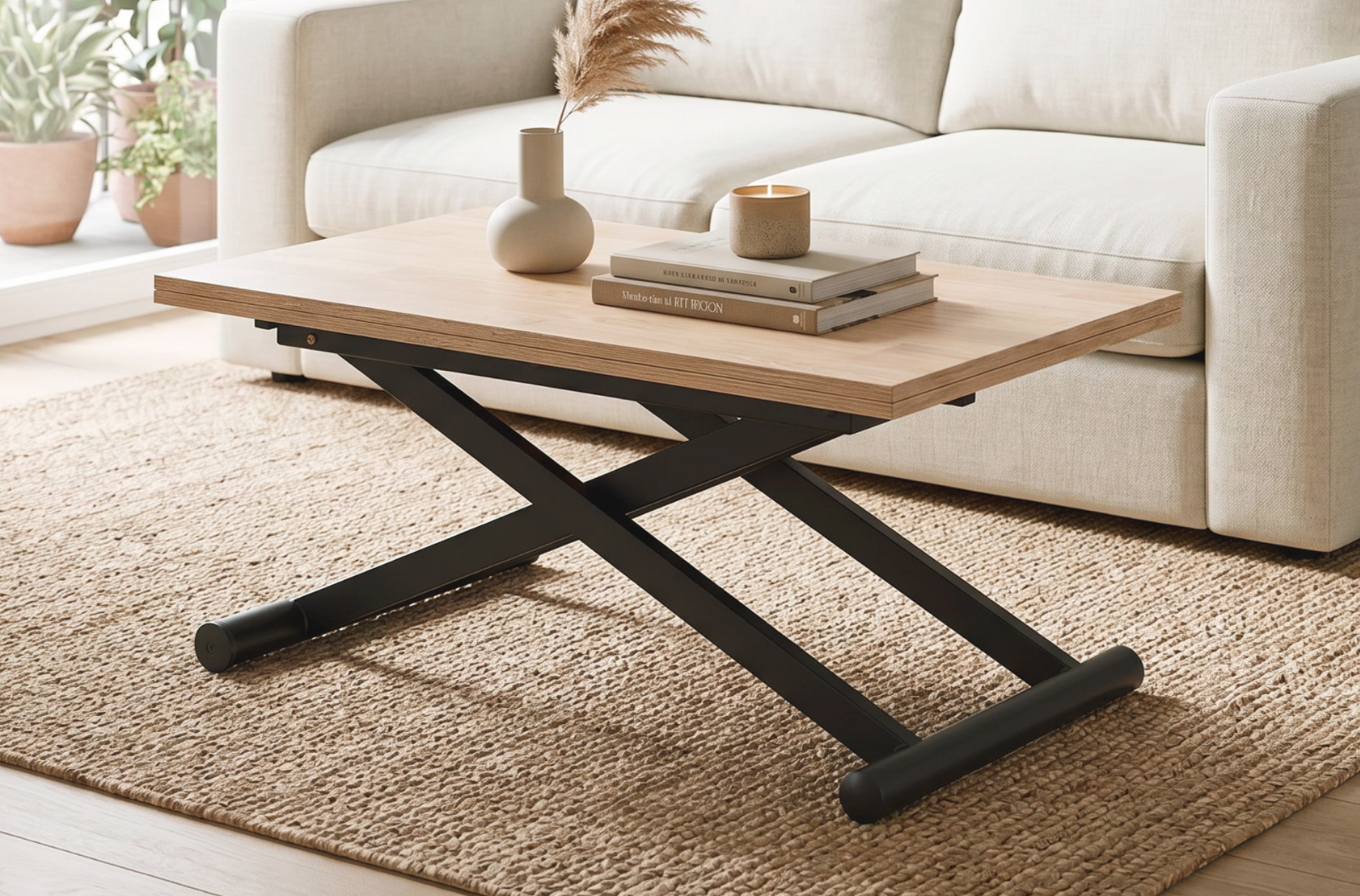 MESA CENTRO ELEVABLE Y EXTENSIBLE NATURAL 110 x 57 CM ROBLE NORDISH / NEGRO.