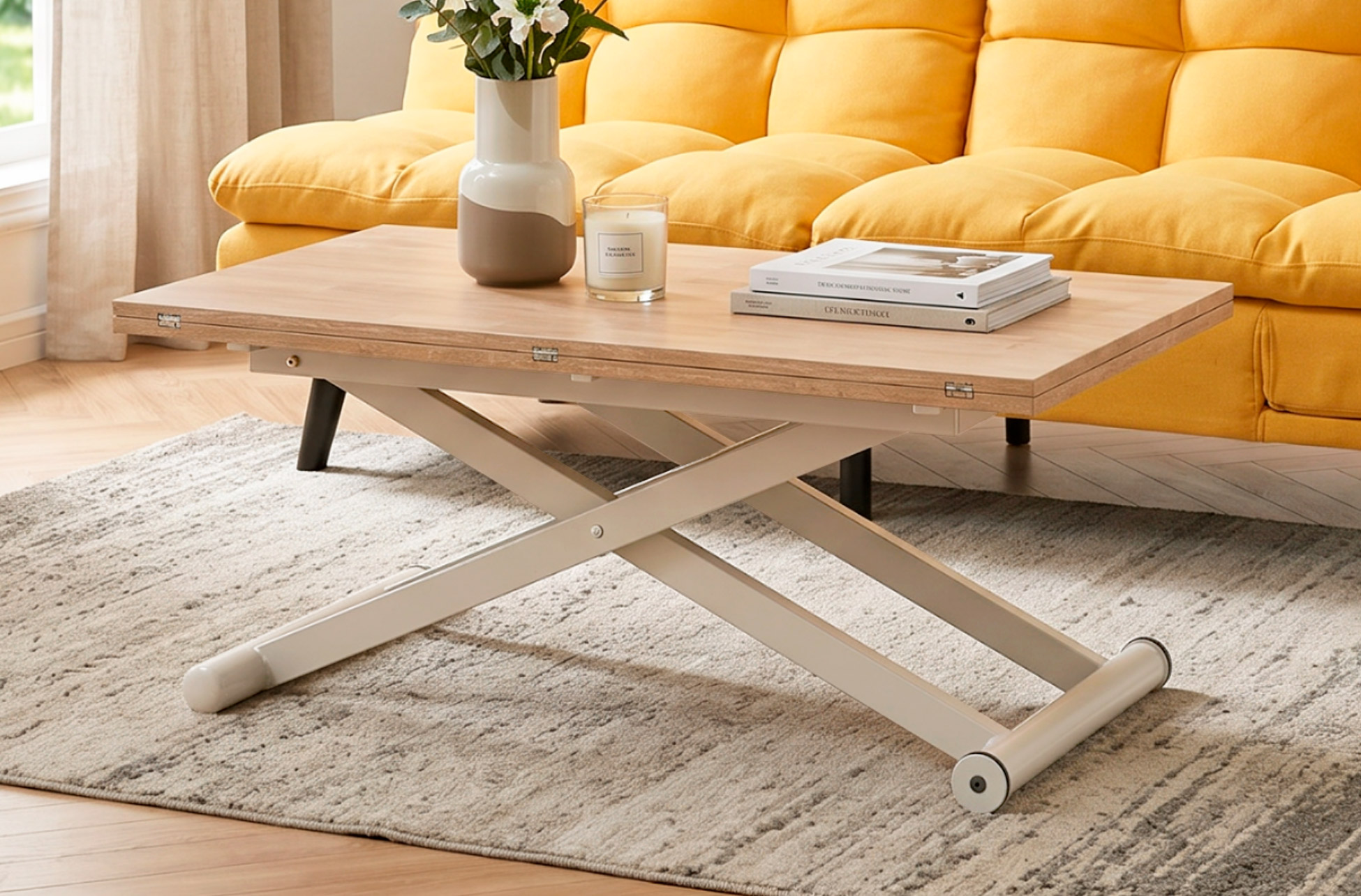 MESA CENTRO ELEVABLE Y EXTENSIBLE NATURAL 110 X 57 CM ROBLE NORDISH / BLANCO.