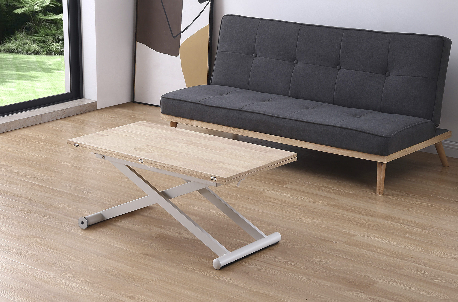 MESA CENTRO ELEVABLE Y EXTENSIBLE NATURAL 110 X 57 CM ROBLE NORDISH / BLANCO. - Imagen 3